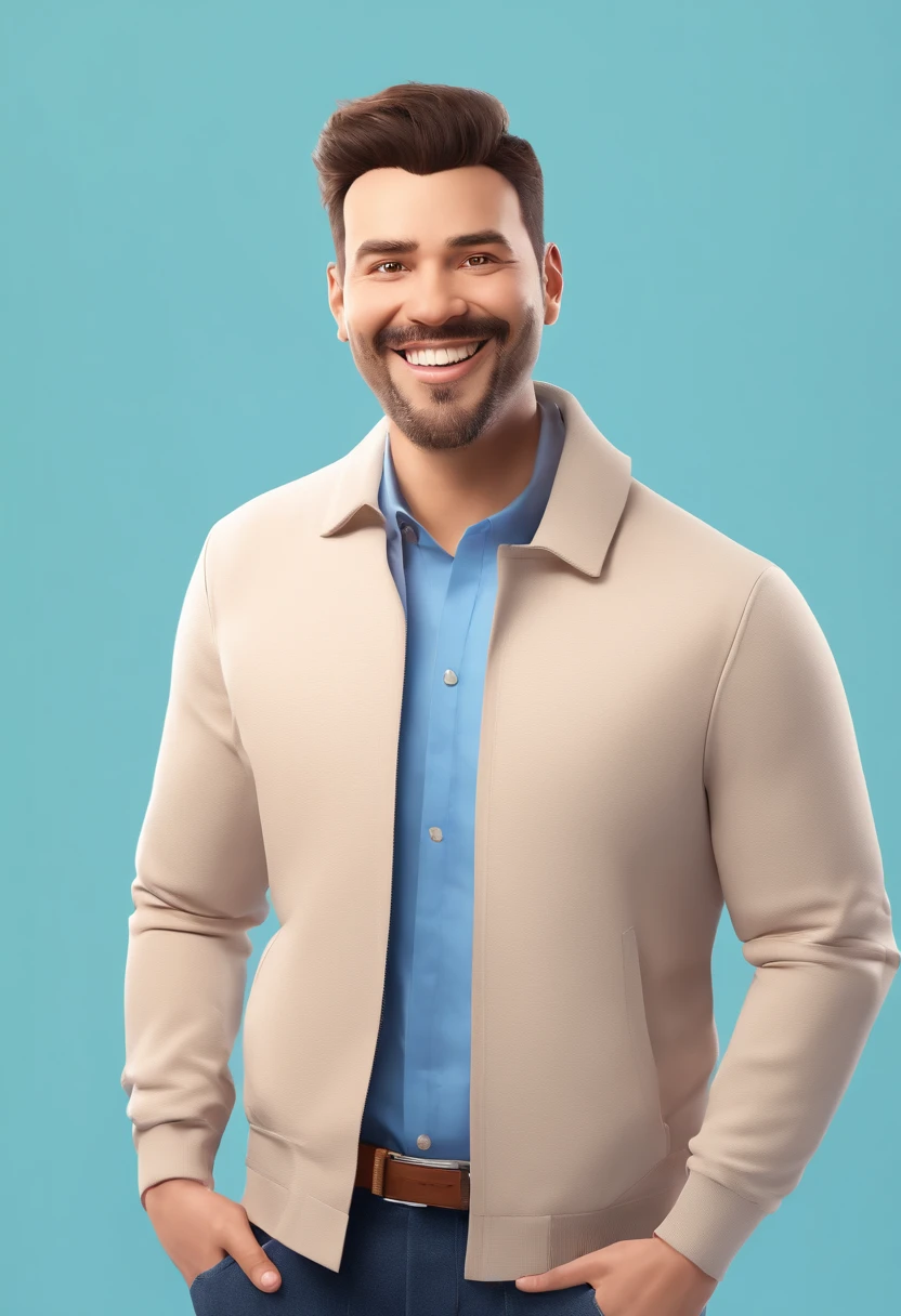 Illustration of a smiling man, healthy smile, Swarthy man with a big smile, smiling happily at the camera, Cheeky smile, it's smiling, A very wide smile, Smiling man, Profile Picture for Headshot, Laughing Big Smile, Drawing in 3D Art style, c4d, Pure white background color, Disney style, Pixar Style Illustration Rendering Super Detail, 8K The photo shows a smiling man in casual clothes, standing against a plain wall background. He wears a beige jacket and the blue shirt collar is visible under the jacket., and he gives a thumbs up sign . approval or success. He is a business coach. He's not fat, but he's plump. He has short hair, but not too short.. He is white Style illustration