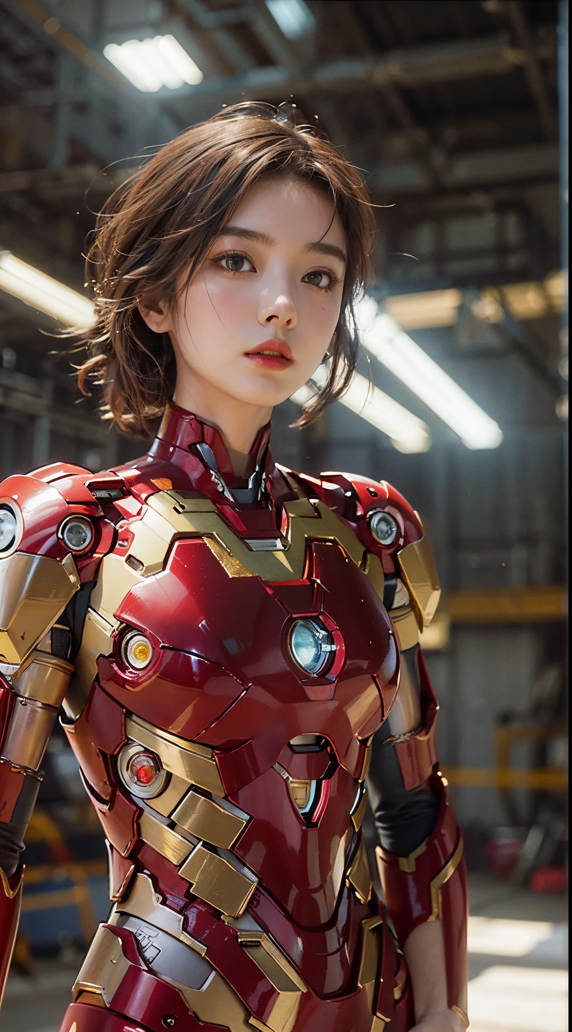 (1girl:1.3), solo, __body-parts__, official art, unified 8k wallpaper, super detailed, beautiful and aesthetic, beautiful, masterpiece, best quality, raw, masterpiece, super fine photo, best quality, super high resolution, photorealistic realism, sunlight, full body portrait, amazing beauty, dynamic pose, (facing the audience), delicate face, vibrant eyes, , a woman, (wearing a futuristic red-gold Iron Man mech), Very detailed abandoned warehouse background, detailed face, gorgeous, milky white, sharp focus, DSLR, high quality, film grain, fair skin, photo realism, lomography, huge metropolis in future dystopia,