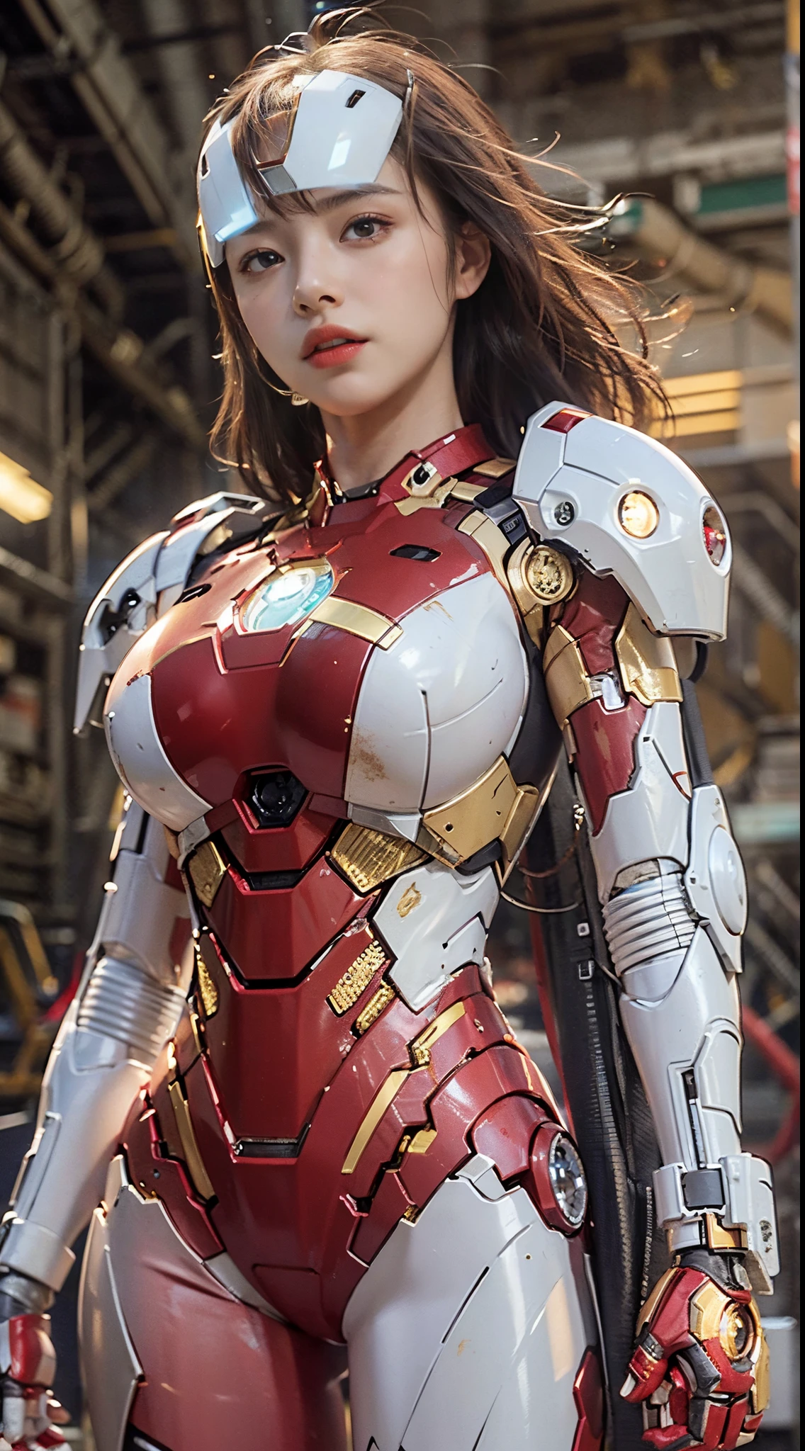 (1girl:1.3), solo, __body-parts__, official art, unified 8k wallpaper, super detailed, beautiful and aesthetic, beautiful, masterpiece, best quality, raw, masterpiece, super fine photo, best quality, super high resolution, photorealistic realism, sunlight, full body portrait, amazing beauty, dynamic pose, (facing the audience), delicate face, vibrant eyes, , a woman, (wearing a futuristic red-gold Iron Man mech), Very detailed abandoned warehouse background, detailed face, gorgeous, milky white, sharp focus, DSLR, high quality, film grain, fair skin, photo realism, lomography, huge metropolis in future dystopia,