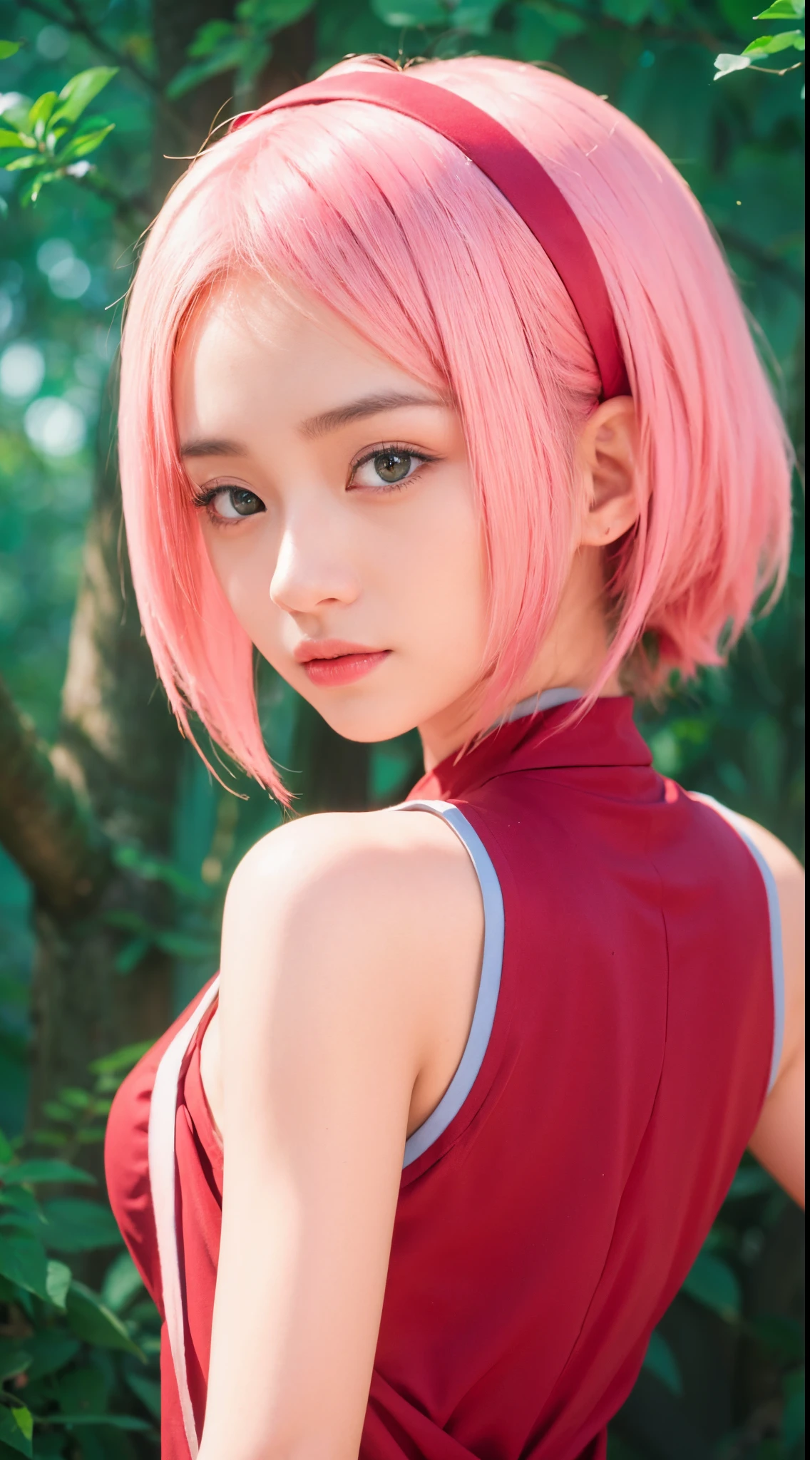 Real life adaptation of the character,asian teen beauty , Realistic same hair, realistic clothing, realistic raytraicing, realistic shaded, hyper realisitc, hentail realism, Realistic background,(realisticlying:1.2),green eye color