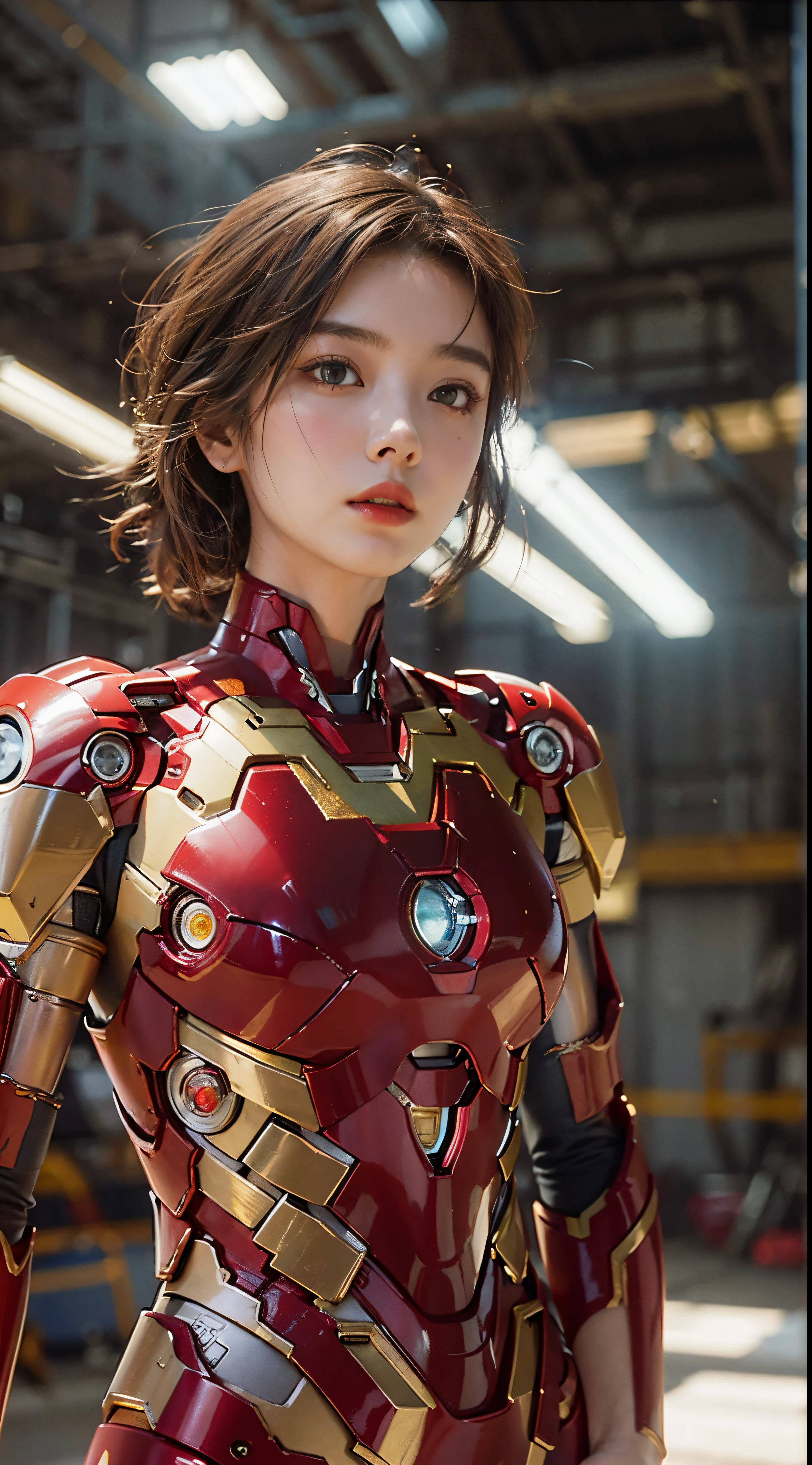 (1girll:1.3), 独奏,__Body parts__, offcial art, 统一 8k 壁纸, ultra - detailed, Beautiful and aesthetic, big breasts beautiful, tmasterpiece, Best quality at best, primitive,tmasterpiece,ultra fine photos,covered all over the body,full body armored,Mechanical armor,Iron Man armor,sportrait,cleavage,Close-up close-up,best qualtiy,超高分辨率,Photoreality,rays of sunshine,full-body portraits,stunningly beautiful,,dynamicposes,delicated face,Vibrant eyes,(seen from the side),She wears a futuristic Iron Man mech,Red and gold color scheme,Very detailed abandoned warehouse background,detailed face with,Detailed and complex busy background,Untidy,opulent,milkyW,Highly detailed skin,Realistic details of skin,Visible Pore,tack sharp focus,volume fog,8K UHD,digital SLR camera,high qulity,filmgrain,White skin of the,photo-realism,DL,Huge metropolis in a dystopia of the future , look from down, semi transparent