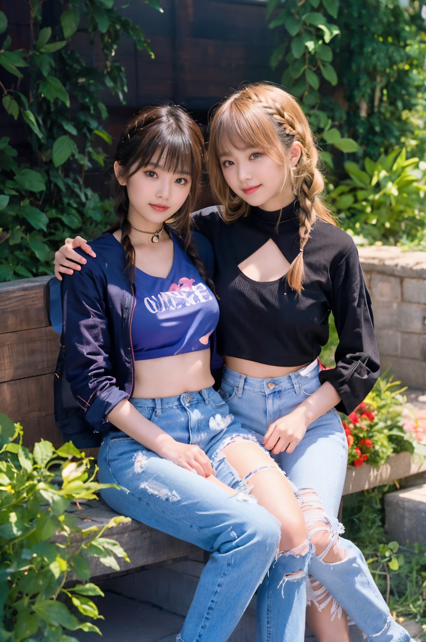 The proportions are the same for all races, All faces and pictures must be different,(ulzzang-6500-v1.3,pureeroface_v1,octane rendering),elegant pose,xxmix girl women, High level of image quality、Like a shot with an SLR、Super detailed illustration of two women, Duo,sisterhood ,sitted,Petting the,closeup portrait,hugs,strabismus:1.4,Depicting the eternal beauty and spirit of two women in 1990. they have a braided hairstyle as used to be in the 80's with lots of thin braids. They wore low-rise jeans and crop tops, 90s clothes. environment in the 1990s, Ms. Schiffer&#39;s work. _电影灯光_v2