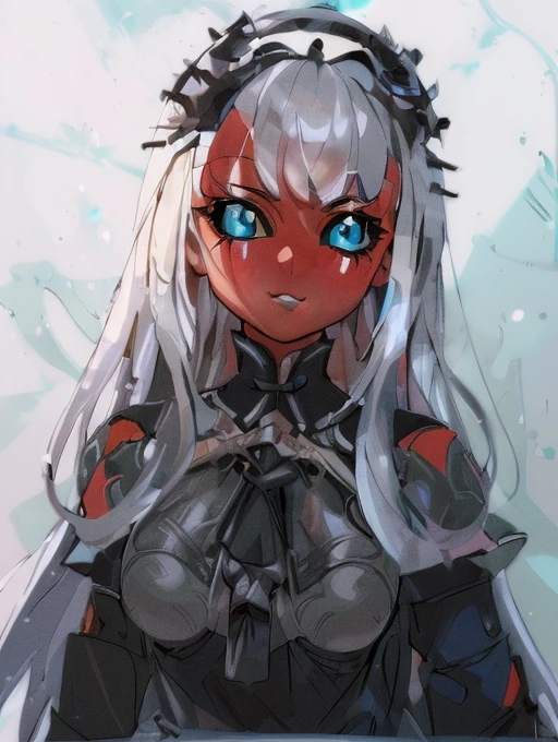 (masterpiece, best quality:1.2), 1girl, (adult:1.2), solo, standing, face focus, cinematic shot, lyla, white hair, long hair, blunt bangs, horns, (black sclera, colored sclera, blue eyes:1.2), looking at viewer, red skin, white shirt, huge breasts, full body,woman-medieval-clothes, robe, dress, longskirt