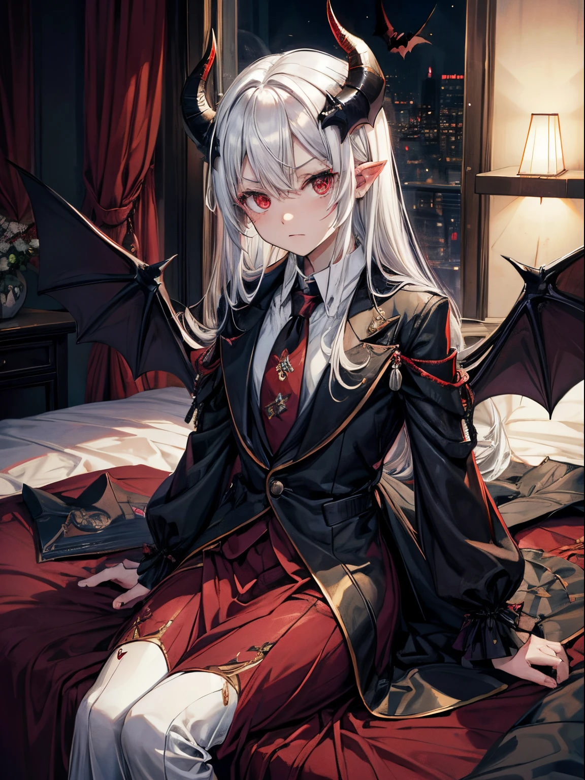 (masutepiece)(high-detail)incubus、male people、One、Sitting in bed、Black horned、Black bat wings and tail、white hair、red eyes、double tooth、The suit is about to come off、tie is falling、seductiv、deep in the night、murky、Turn off the light