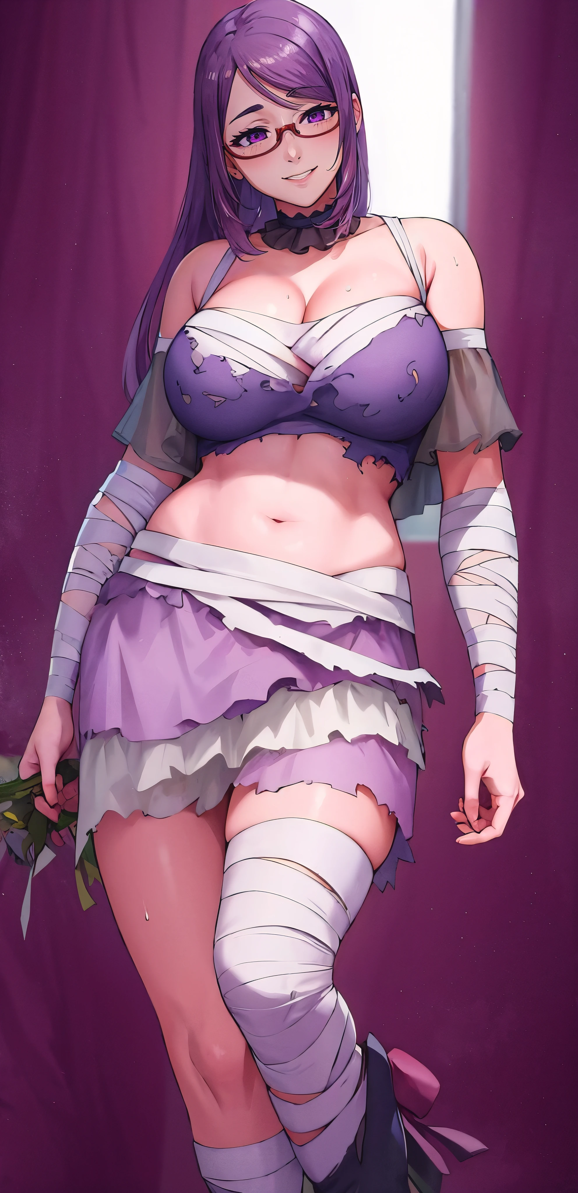 anatomically correct, best quality, masterpiece, high quality, high details, highres, HD, (shaded face:1.2), hollow eyes, purple eyes, looking at viewer, heavy breathing, smirk, uppert teeth, glasses, purple hair, long hair, huge breasts, sweating, mummy costume, bandages, frilled choker, frilled skirt, a woman in a short skirt holding a knife, inspired by Li Shida, pixiv, sfw huge breasts, detail shot, anya from spy x family, bbwchan