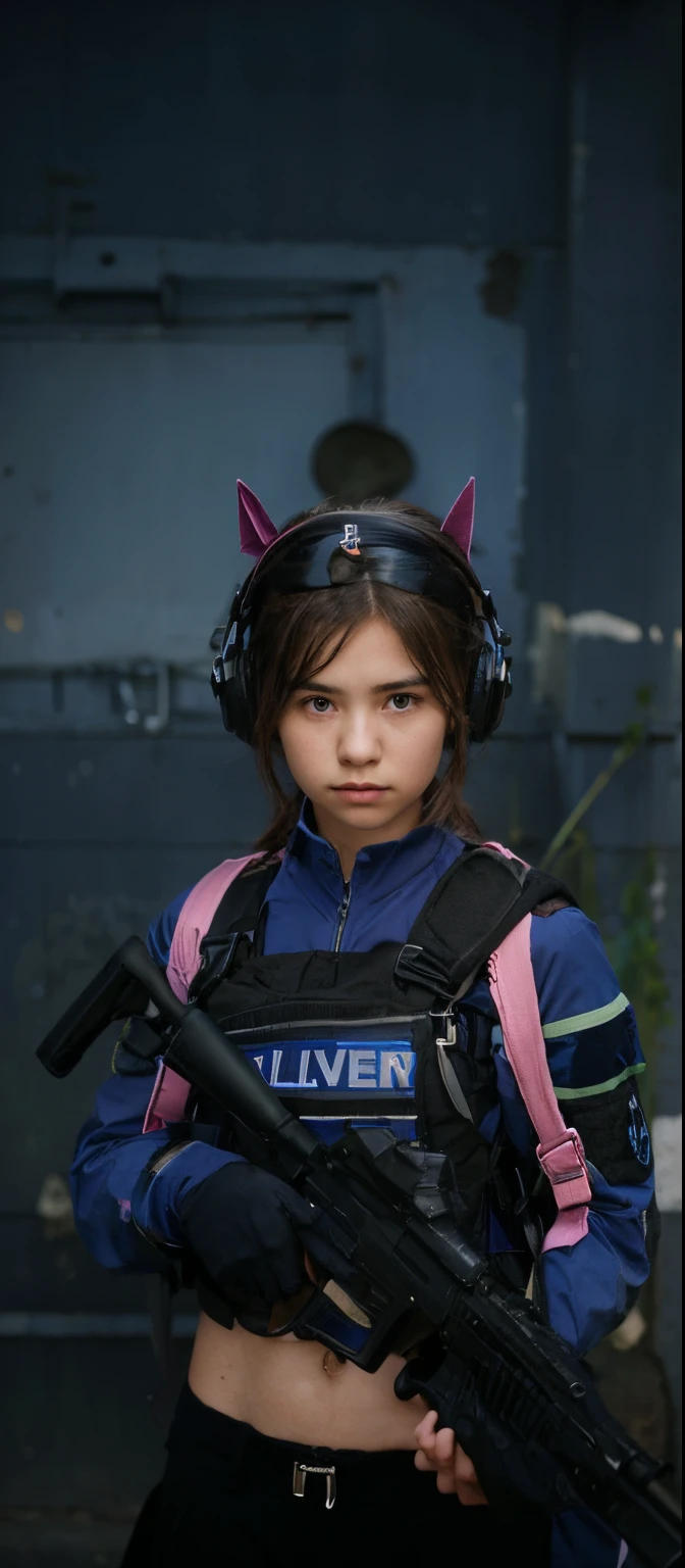 A girl, wearing blue soldier uniform using pink backpack, bring a biz on gun