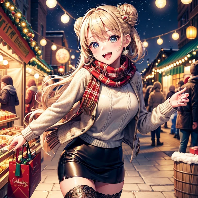 masterpiece, best quality, ultra-detailed,extremely detailed,8K,1girl,solo,Christmas Winter Market Christmas Market with Sparkling Lights, and a number of colorful Christmas ornaments々, Festive and fun atmosphere,braided bun,sweater,scarf,(collarless jacket),pencil skirt,boots,beautiful lighting,spoken heart,