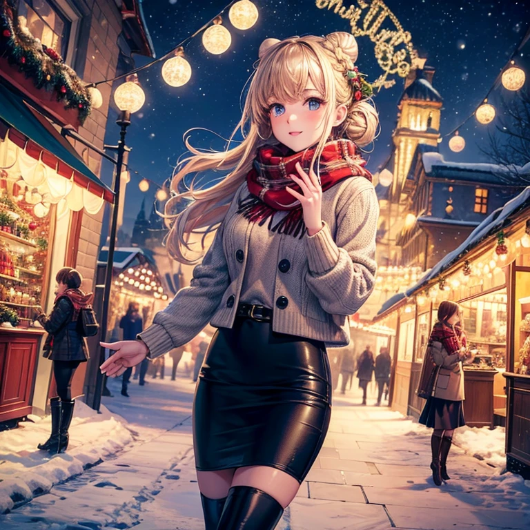 masterpiece, best quality, ultra-detailed,extremely detailed,8K,1girl,solo,Christmas Winter Market Christmas Market with Sparkling Lights, and a number of colorful Christmas ornaments々, Festive and fun atmosphere,braided bun,sweater,scarf,(collarless jacket),pencil skirt,boots,beautiful lighting,spoken heart,