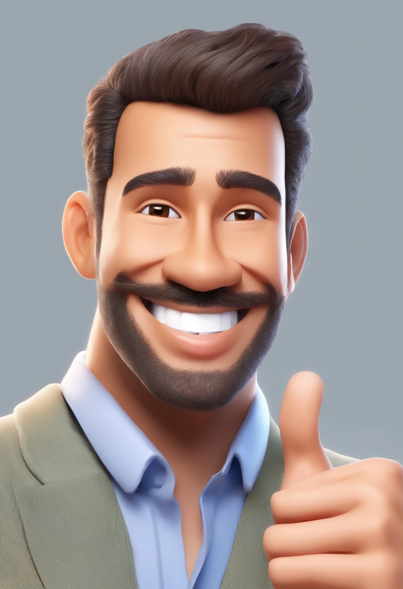 Illustration of a smiling man, healthy smile, Swarthy man with a big smile, smiling happily at the camera, Cheeky smile, it's smiling, A very wide smile, Smiling man, Profile Picture for Headshot, Laughing Big Smile, Drawing in 3D Art style, c4d, Pure white background color, Disney style, Pixar Style Illustration Rendering Super Detail, 8K The photo shows a smiling man in casual clothes, standing against a plain wall background. He wears a beige jacket and the blue shirt collar is visible under the jacket., and he gives a thumbs up sign . approval or success. He is a business coach. He is not fat but plump He has short hair but not very short Style illustration