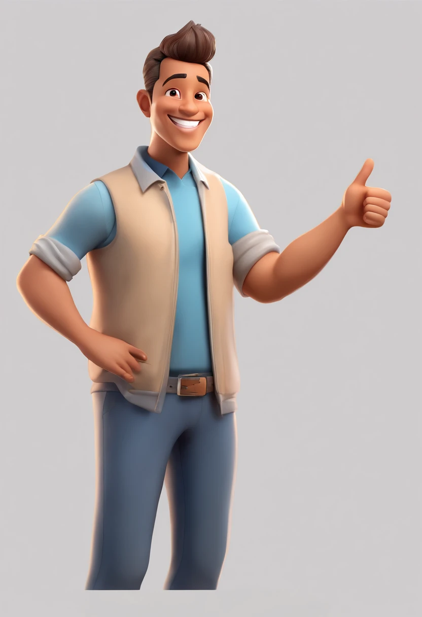 Illustration of a smiling man, healthy smile, Swarthy man with a big smile, smiling happily at the camera, Cheeky smile, it's smiling, A very wide smile, Smiling man, Profile Picture for Headshot, Laughing Big Smile, Drawing in 3D Art style, c4d, Pure white background color, Disney style, Pixar Style Illustration Rendering Super Detail, 8K The photo shows a smiling man in casual clothes, standing against a plain wall background. He wears a beige jacket and the blue shirt collar is visible under the jacket., and he gives a thumbs up sign . approval or success. He is a business coach. He is not fat but plump He has short hair but not very short Style illustration