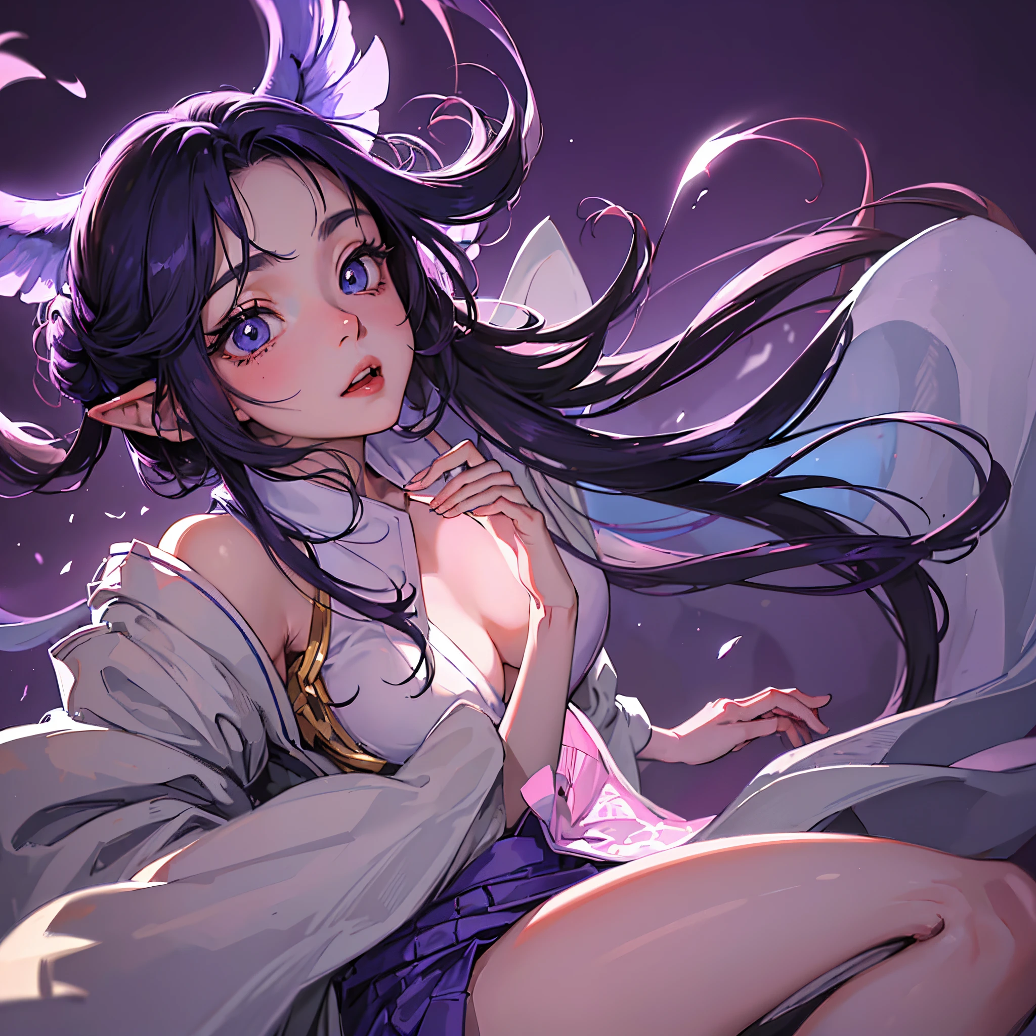 ((tmasterpiece)), ((Best quality at best)), ((Japanese cartoon)), ((Old effect)), ((90's anime)), girl, light skin color, ((blueneyes)), (( perfect pubic)), eyebrow, nase, hor ears, beak, cparted lips, ((sad)), short-length straighthair, coll, ((The Arm)), ((Dark lilac background)), 好色的,