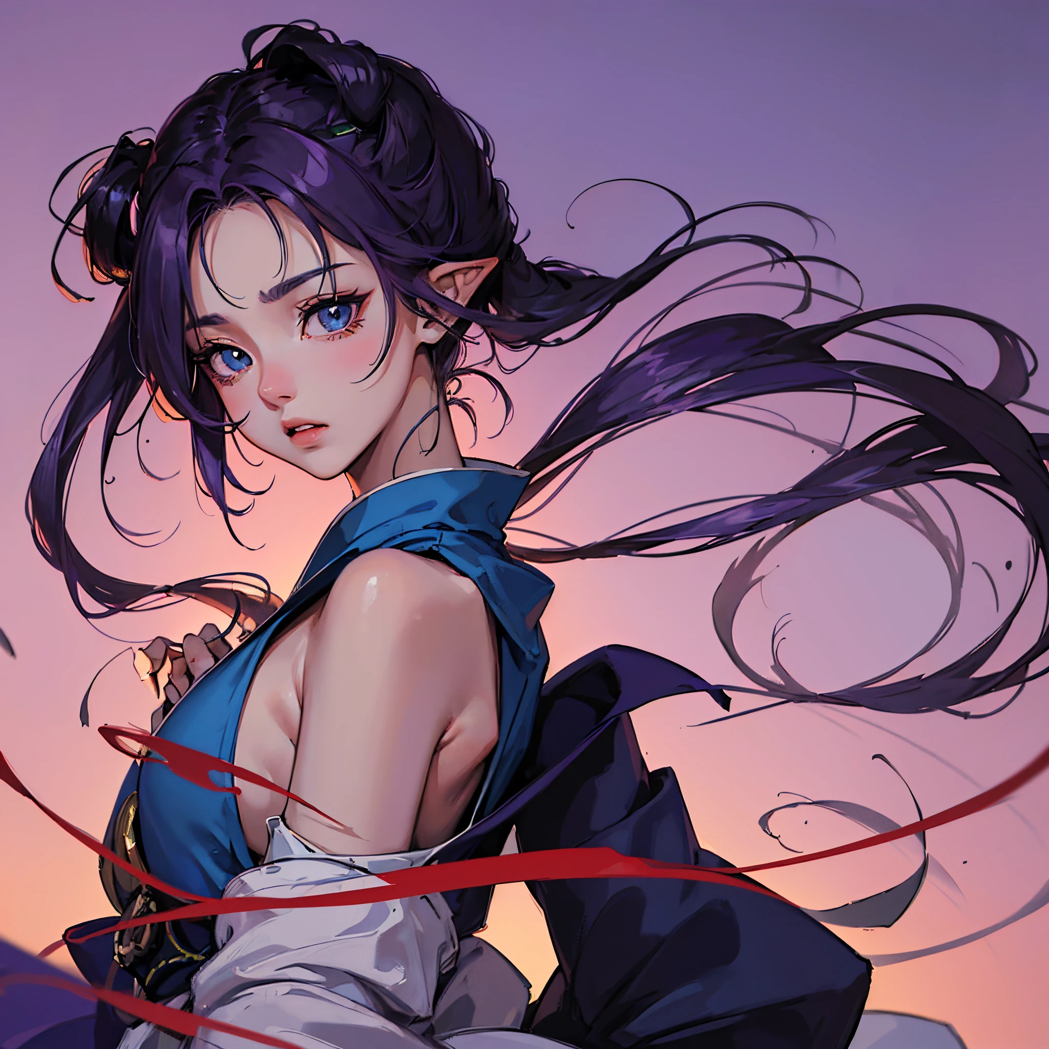 ((tmasterpiece)), ((Best quality at best)), ((Japanese cartoon)), ((Old effect)), ((90's anime)), girl, light skin color, ((blueneyes)), (( perfect pubic)), eyebrow, nase, hor ears, beak, cparted lips, ((sad)), short-length straighthair, coll, ((The Arm)), ((Dark lilac background)), 好色的,