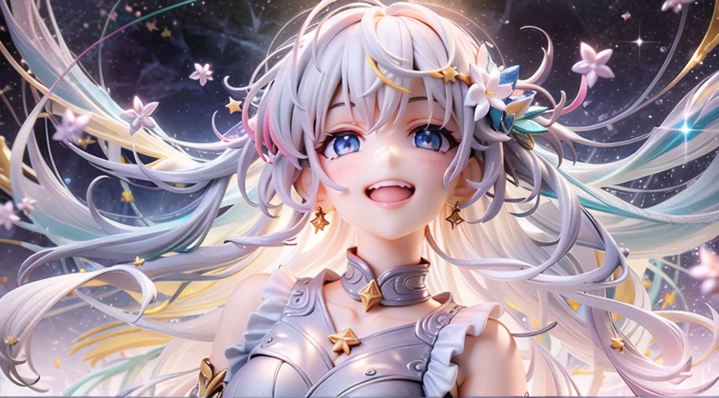 1girl in, beautidful eyes, Smile, rainbow (prismatic effects), Starlight White, Blessed Girl, A fun expression with a slight reddish tinge, platinum-blonde, short-cut, Chin length, Jewel-like sparkling blue eyes, Look up at the starry sky with sparkling eyes, Night sky with shooting stars and shooting stars with prism effect, Hair that shines with soft light that reflects the colors of the universe, Subtle shimmering iridescent highlights are scattered throughout the hair., A delicate white dress that sparkles like a prism made of starlight., Star-themed jewelry adorning her ears and neck, Each piece reflects the colors of the universe, As if drawn to her joy、Rainbow-colored stars float gently around her, when she enjoys a heavenly celebration、A shining radiance that envelops her