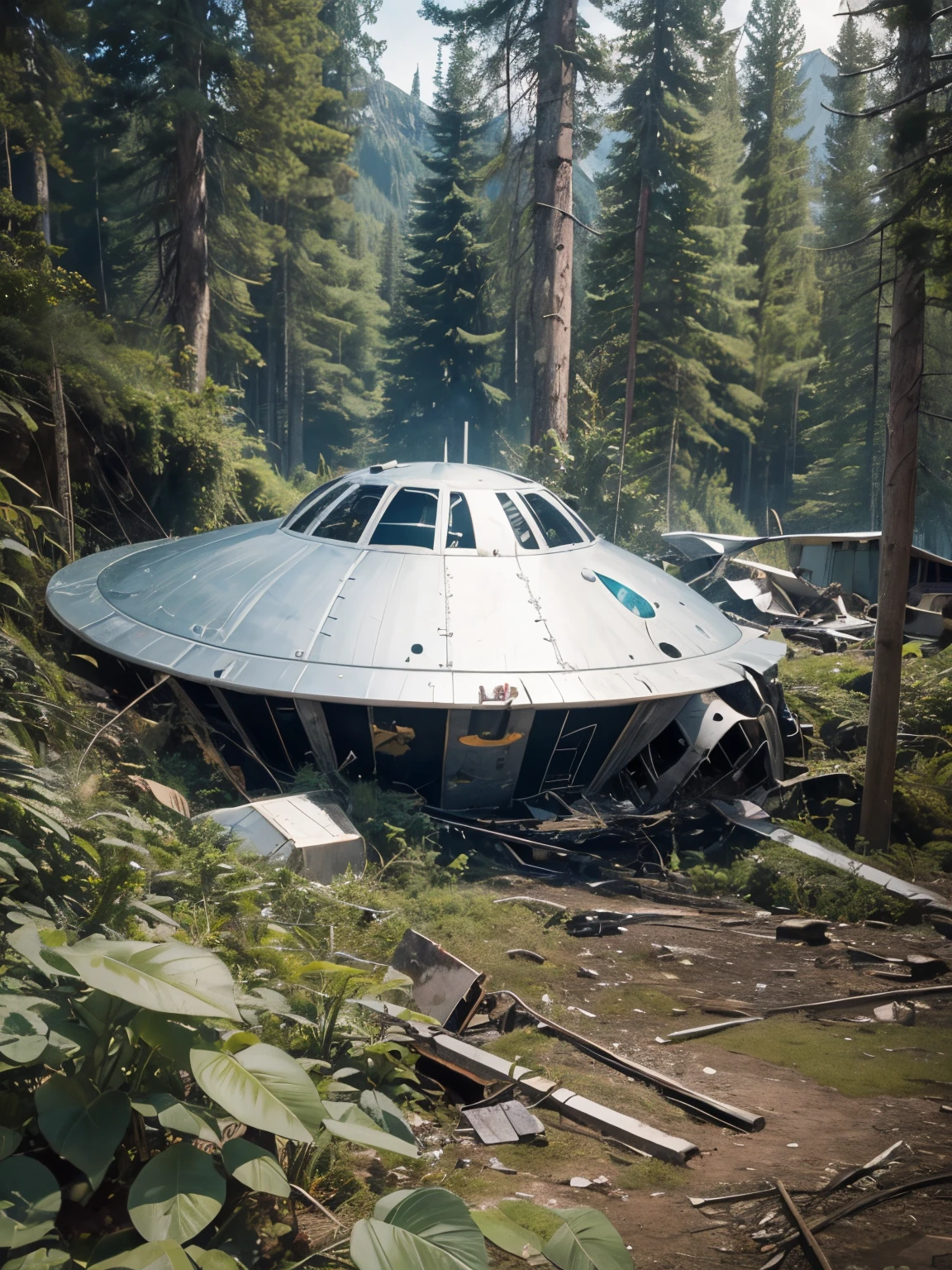 alien capsule in very humid pine forest and dense atmosphere with fog. The capsule is open, showing small instrument lights and a misted hatch inside. The fuselage is airtight white with details of joints and friction. Fine rain falls, cinematic afternoon light filters through the trees. The device gives off steam. Some reflective light bulbs scan the area. Dramatic sunset, hyper realistic 8k photo image