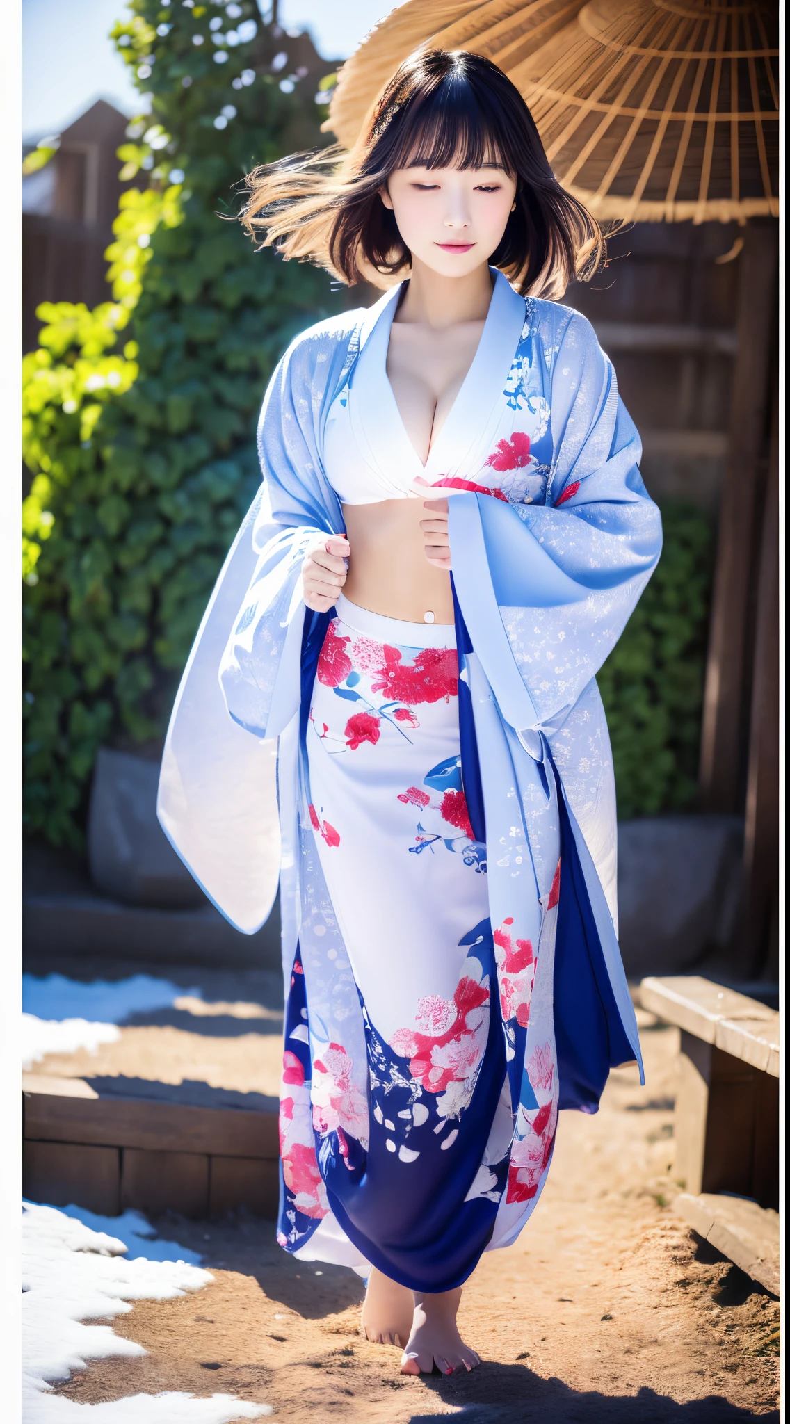 ((Kimono))、(full body Esbian)、(top-quality,masterpiece:1.3,超A high resolution,),(ultra-detailliert,Caustics),(Photorealsitic:1.4,RAW shooting,)Ultra-realistic capture,A highly detailed、 Skin texture is natural、25-years old、The skin looks healthy with an even tone、 Use natural light and color、One Woman,japanes、A dark-haired,Middle hair,、(Falling snow:1.1)、(Hair swaying in the wind:1.3)、(Snow reflects light)、Light in the eyes、Looking at the camera