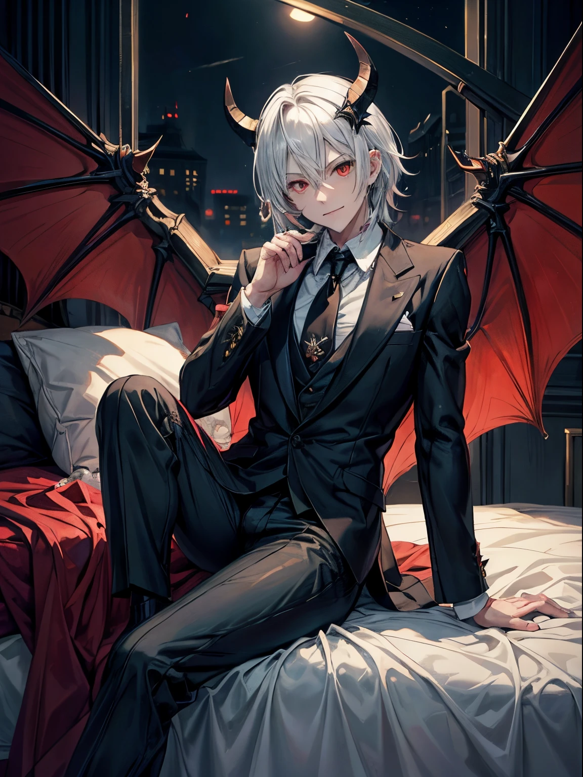 (masutepiece)(high-detail)incubus、male people、One、Sitting in bed、Black horned、Black bat wings and tail、white hair、red eyes、double tooth、The suit is about to come off、The tie I took off is falling down.、A seductive smile、open one's legs、deep in the night、murky、Turn off the light