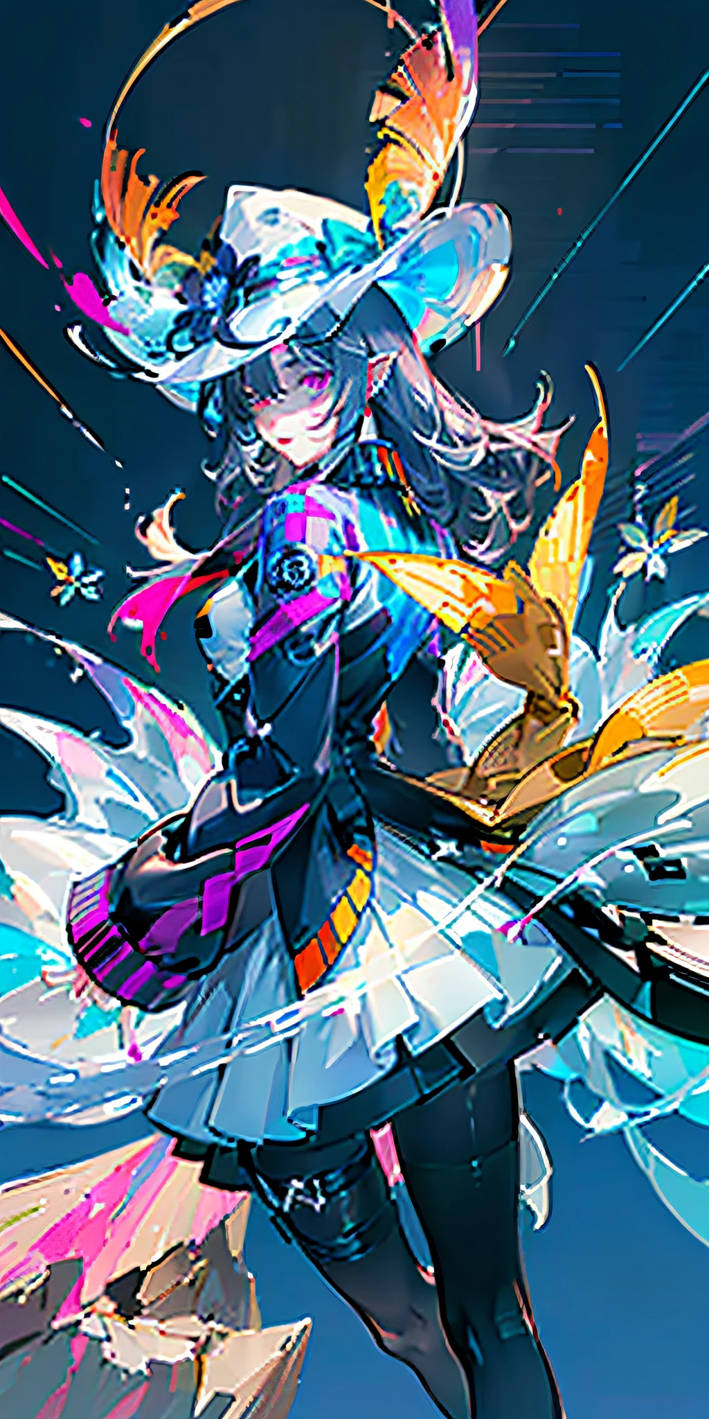 (Highest image quality),(The work of the master),(ultra - detailed),(Detailed eyes description:1.0),(lens flare glow:1.0),(filmposter:1.0),(Tarot border:1.0),The portrait is centered,(closeup cleavage:1.0),(negative space:0.8),(negative space:1.6),(Alone),(floating colorful {ventania|Water magic|ink|crystals|icey|firey|firey焰|salama|rete|Rochas|sable|Particle|glittery|bloods}:1.0),(many colorful {Soap Bubbles|​​clouds|thorns|peak|vine|Electric currents|spirals|barely|wings|Tattooed with|cubes|octahedron}:1.0),(floating {Red|Green|blue|Akwa|The purple|Yellow|Black|The white|Gray|Pink|The orange|lime} {ribbons|feater|Particle|blade|Droplets|snowflower|Soft balls}:1.0),({crystal|icey|firey|firey焰|ventania|Eau|planet earth|steins|the space|Music|Sonic|eddy} {magia|wings}:1.0), ({Ray traching,glowing|Mottled sunlight,llight rays,Caustics|the night,Black Themes|mistic,eerie|easygoing,pastels}:1.2), ({Colorful|Iridescent|Multicolored}:1.0),(Beautiful and detailed light:1.0),({Leaning forward|leaning backward|tilt to one side|}:1.2),{(ssmile:1.0)|(pervert smirk:1.0)|(The expression is grim:1.0)},({small|small||cparted lips,eyeslashes}:1.0),{(with her mouth open:1.0)|(Keep your mouth shut:1.0)|},({eyeslashes|eye shadows||}),{one eye closed|||},({Red|Green|blue|Akwa|The purple|Yellow|Black|The white|Gray|Pink|The orange|lime} the hair:1.4),({short|long|middling} the hair:1.0),({from below|from the above|From the side Side|from back|facing to audience}:1.3),(The halo:1.3),(tilt of the head:1.0),(dynamicposes:1.1),(Asymmetrical hair:1.2),({Red|Green|blue|Akwa|The purple|Yellow|Black|The white|Gray|Pink|The orange|lime} {armour|a skirt|collared shir|Bitchsuit|full clothing}:1.0),({formal|army|techwear outfits|Urban style|Casual,lounge suit|fanciful,magister|Wild,Tribal|sci-fy,A futuristic}),({plaid skirts|Layered skirt|Fluffy dresses|tightsuit|trouser|shorter pants}),({Red|Green|blue|Akwa|The purple|Yellow|Black|The white|Gray|Pink|The orange|lime} {The eye|The eye|pupils}:1.4),{(forehead:1.5),asymmetricalbangs|slanted bangs|hair between eye|bluntbangs|sweeping bangs},{one eye covered|pony tails|High double ponytail|||},{hair straight|curlies|Drill your hair||},{Long coat|blazer jacket|Cloak|Sweaters|tiese||},{(float:1.0),|}({fox ear, girl fox|Vampires, Bat wings|pointy ears,(the elf:0.5)||}:1.1),({abstract backgrounds|城市,skyscrapper|ln the forest,trpical garden|borgar|shrines|speleothems,subsurface|marshes|lake|Winters|alien planet|}:1.4),({Indoors,Inside the|Outdoor activities,external}:1.1),{2$$Witch hat|Straw Hat Hat|diadems|tiara crown|eye glass|eye glass|hearing equipment|hairflower|hairpin|hair pin|||},({sitted|flight|jumpping|laying|Permanent|standing on one leg}:1.1),({colored skin|white skinned|Blue skin|pale-skinned|suntanning|Glossy glossy skin|Dark skin||}:1.1),({full bodyesbian|The upper part of the body|sportrait|}:1.25),{square, Pi Ya|Tongue stock|scowling|bite lips|thinking|||||}, {vacant eyes| pupils in symbol shapes, heart - shaped pupils| Pupil of the slit, + +|||||}