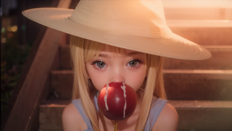 Girl, blonde long hair, cyan one-piece dress with yellow ribbon, white hat, red candy