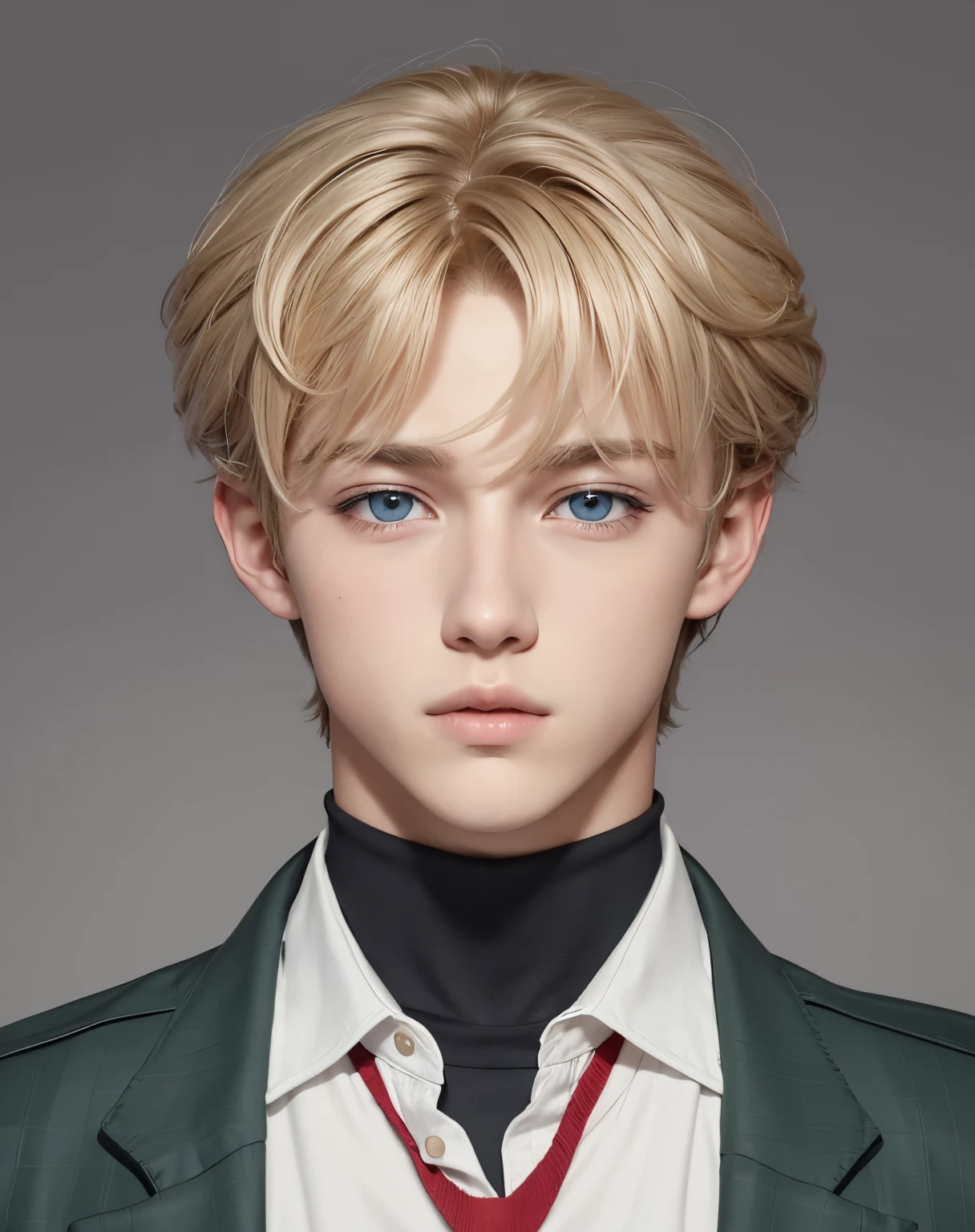 A teenage boy with realistic dark blonde hair, the same realistic hairstyle, realistic handsome face, realistic cool expressions, adapt realistic clothes, realistic light, realistic shadows, realistic backgrounds,