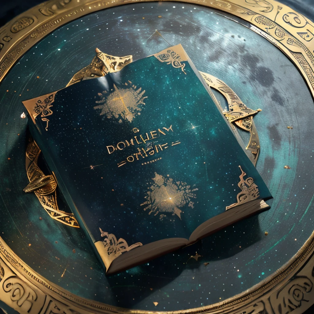 A highly detailed hardcover book rests on a dark surface, its cover adorned with a fantastic golden relief design. In the center of the cover there is an ethereal figure, dressed in a flowing aqua green tunic, sitting in front of an elaborate astronomical instrument, como uma esfera armilar. Ao redor da figura, there are heavenly reasons, including constellations, luas e estrelas, all against a background that suggests the immensity of space. The words &#39;THE COSMOS&#39; are inscribed in an elegant font at the bottom. The color palette is dominated by dark blues, gold and touches of sea green, conveying a sense of mystery and ancient wisdom.