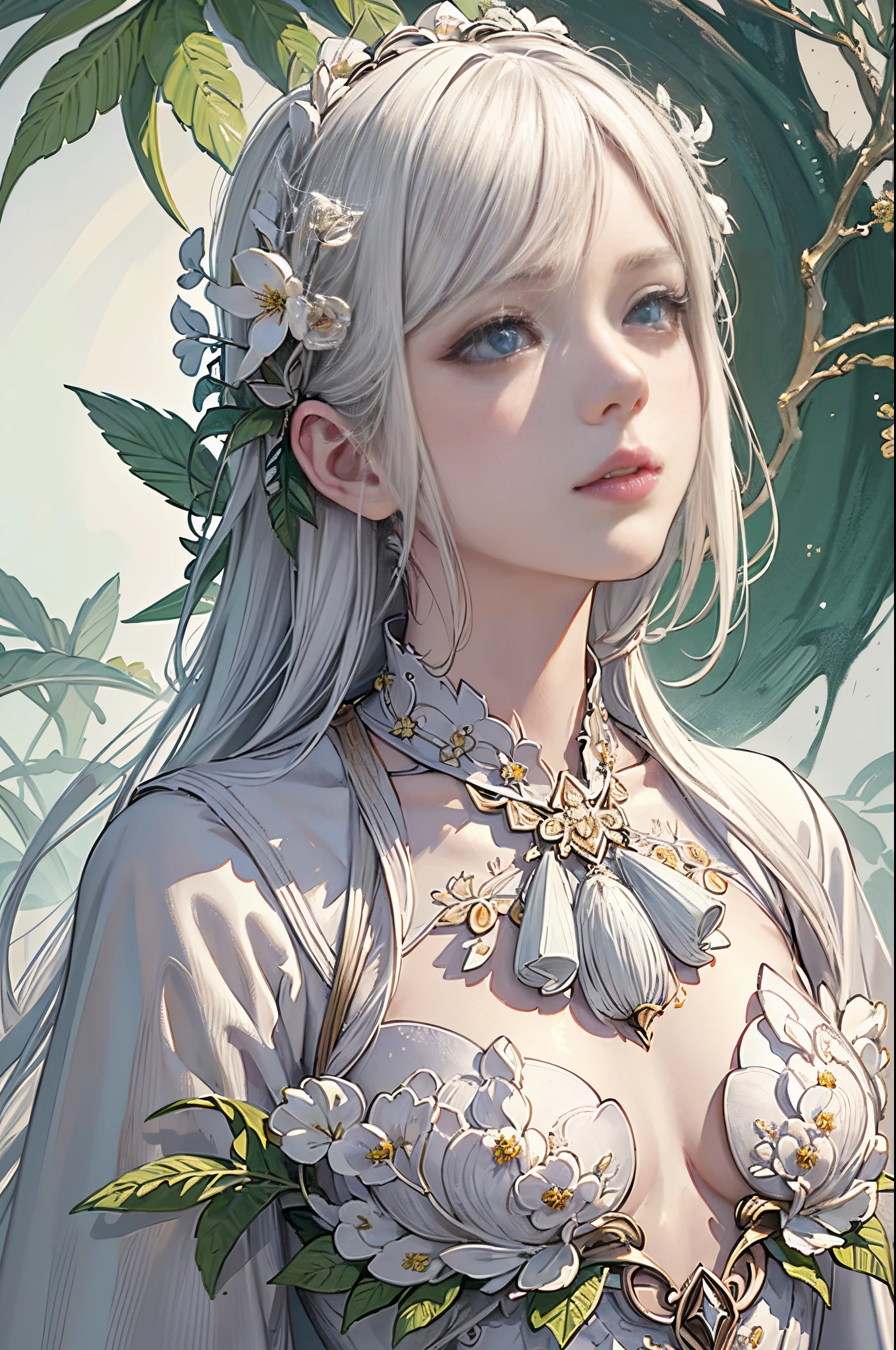 unreal engine:1.4,UHD,The best quality:1.4, photorealistic:1.4, skin texture:1.4, Masterpiece:1.8, A beautiful woman in the flowers, (vermilion white :1.4) , green theme, low warranty color, (huge flowers white :1.4), (mujigreen_20240414122817:0.8) , masterpiece, best quality,Epic Fantasy Art Style HD, 4K fantasy art, epic fantasy digital art style, epic fantasy art style, Fantasy Woman, epic fantasy art portrait, Epic fantasy style, hyperrealistic fantasy art, hd fantasy art, Epic fantasy character art, epic fantasy art, in style of dark fantasy art, epic fantasy digital art, (pose vaquero),( face detailed :1.4),( iluminación cinematográfica :1.4), ,(Fondo de ruinas de mazmorra en ruinas:1.4 ), (Five Fingers, Four fingers and thumb),