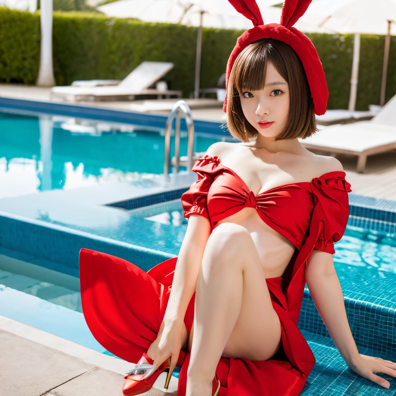 Flandre Scarlet bunny outfit poolside naughty pose