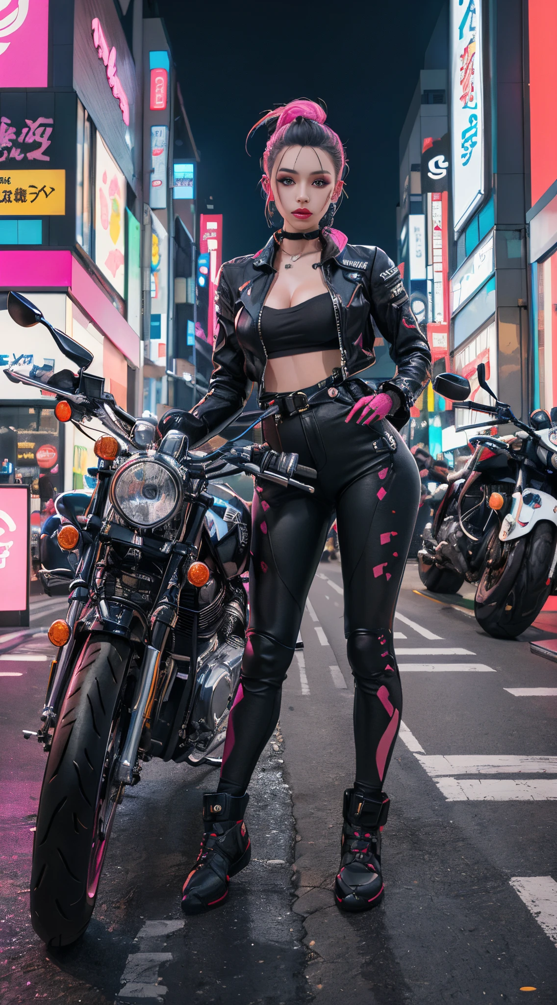 tmasterpiece, Best quality at best, Confident cyberpunk girl, Full body photo, ((Stand in front of the motorcycle)), Popular costumes in Harajuku style, Bold colors and patterns, eye-catching accessories, Stylish and innovative hairstyle, Vibrant makeup, Cyberpunk's dazzling cityscape, skyscrapper, neonlight, LED lights, Bright and vivid color scheme, Japanese cartoon, illustratio, Detailed skin texture, Fine cloth texture, beautiful  detailed face, Complicated details, ultra - detailed.