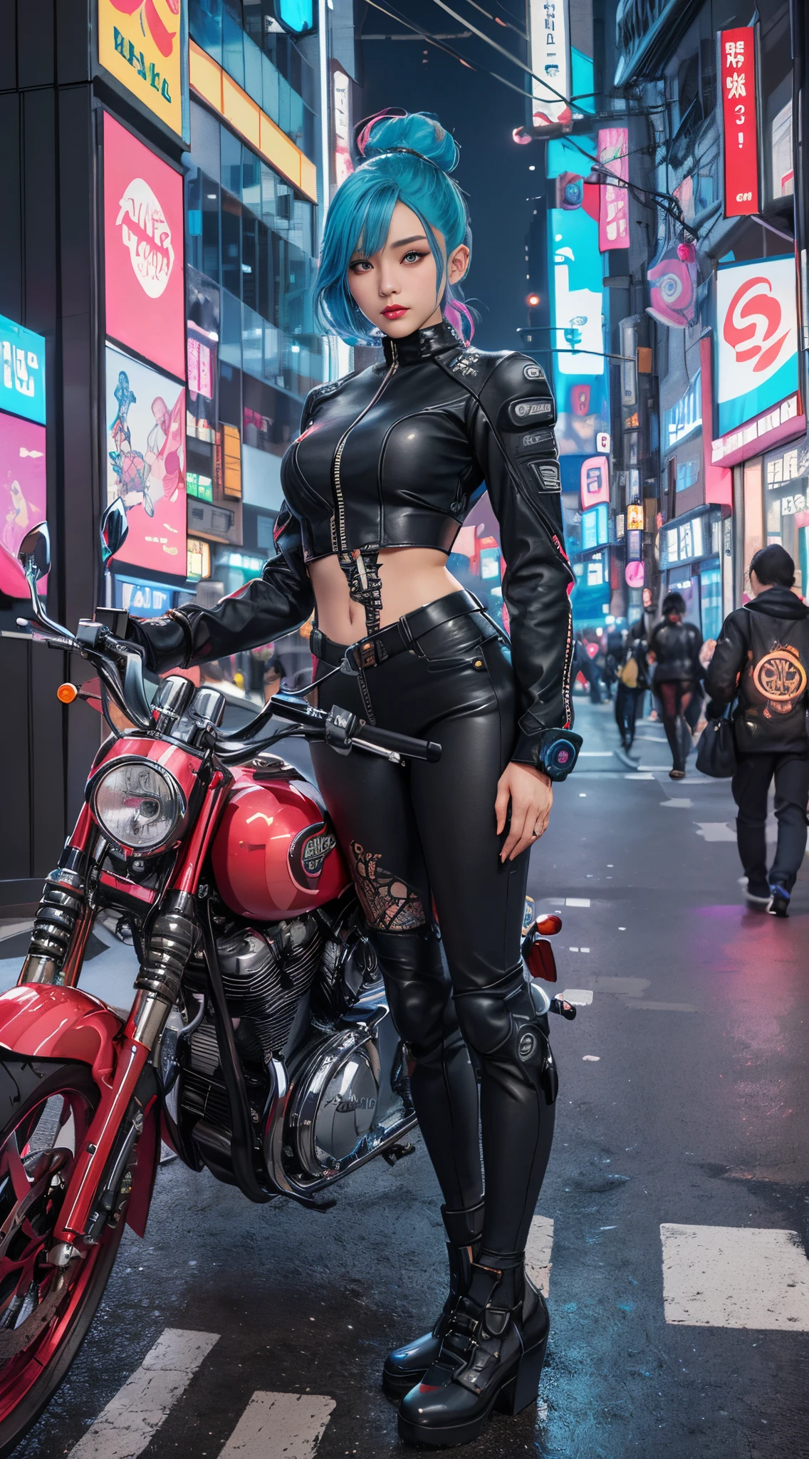 tmasterpiece, Best quality at best, Confident cyberpunk girl, Full body photo, ((Stand in front of the motorcycle)), Popular costumes in Harajuku style, Bold colors and patterns, eye-catching accessories, Stylish and innovative hairstyle, Vibrant makeup, Cyberpunk's dazzling cityscape, skyscrapper, neonlight, LED lights, Bright and vivid color scheme, Japanese cartoon, illustratio, Detailed skin texture, Fine cloth texture, beautiful detailed face, Complicated details, ultra - detailed.