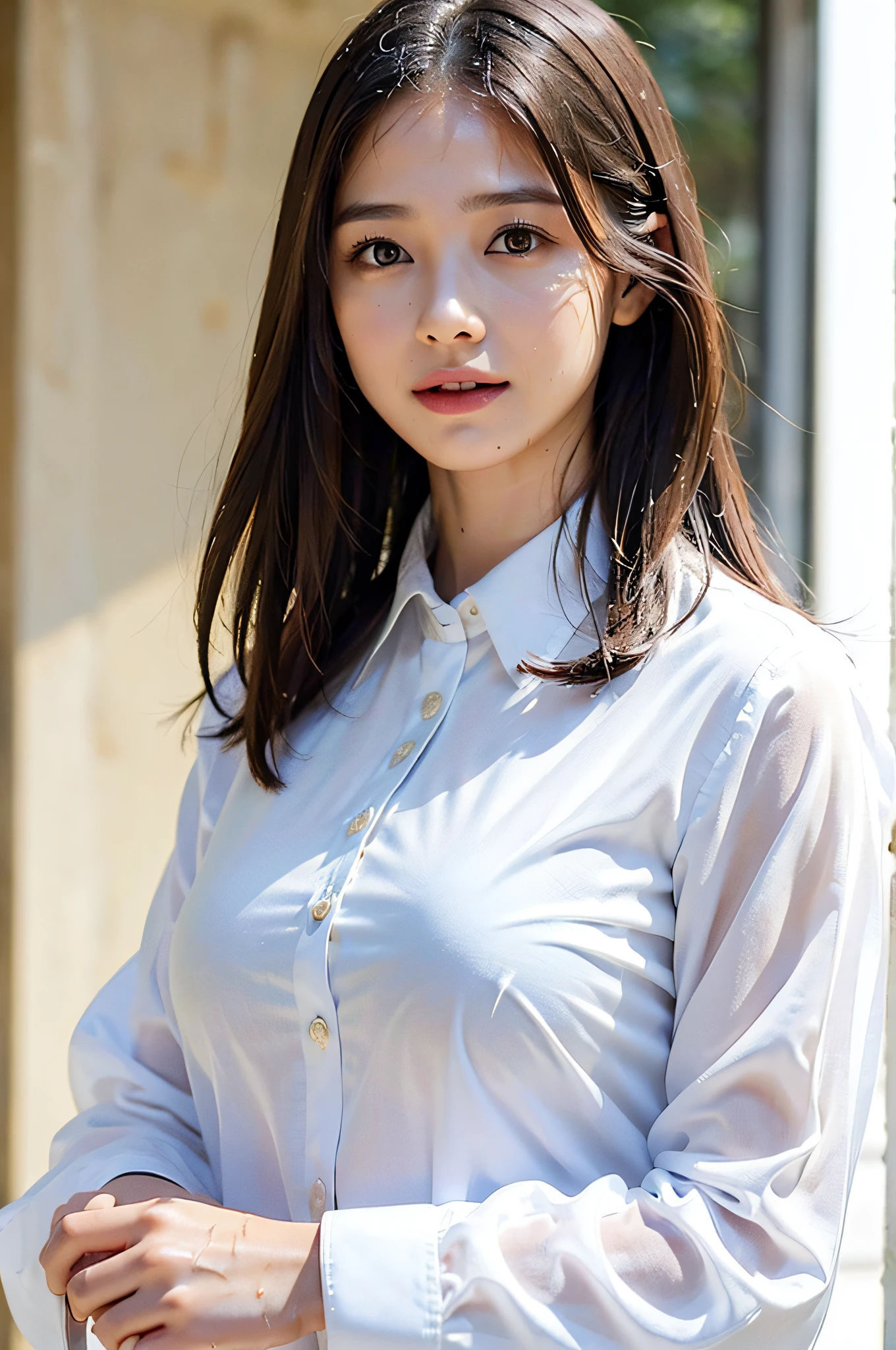 ((Best Quality, 8K, Masterpiece: 1.3)), Sharp Focus: 1.2, A Beautiful Woman with Perfect Figure: 1.4, Slim Abs: 1.2, (Layered Hairstyle,: 1.2)), (Wet White Button Long Shirt: 1.3), Rain: 1.3, Street: 1.2, Wet Body: 1.1, Highly Detailed Face and Skin Texture, Detailed Eyes, Double Eyelids, Big Breasts, Smile,