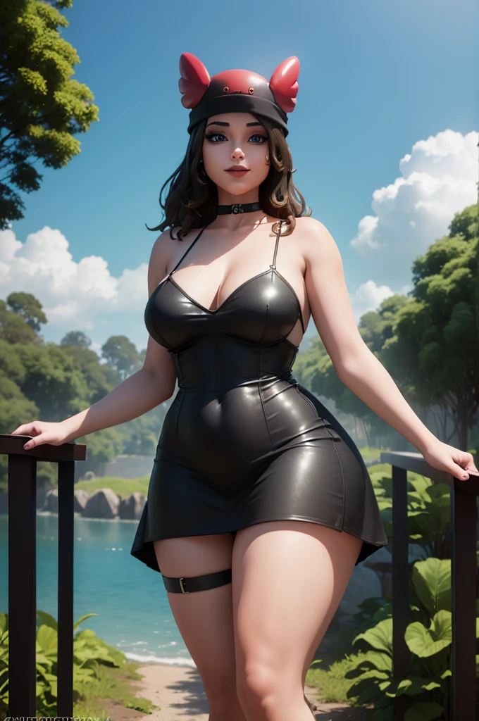 (8k, best quality, masterpiece:1.2), (realistic, photo-realistic:1.37), ultra-detailed, 1 girl,cute, solo, ,beautiful detailed blue eyes, medium wavy hair, , thick thighs, standing in the jungle, , smiling, looking at viewer, ,light brown hair, black lips, black lipstick, full body view, , whole body shot, red hat, chubby, black short dress , nsfw, choker, fishnet on legs, goth