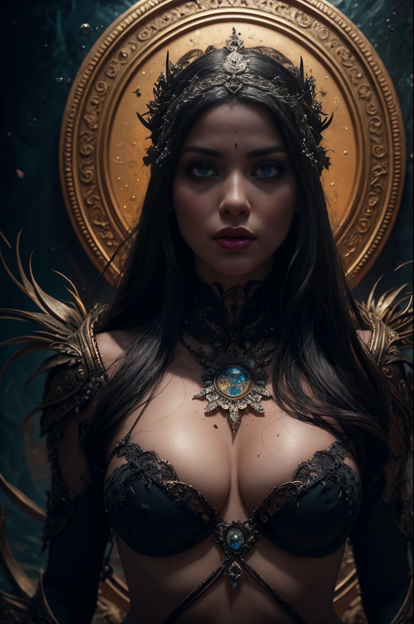 Full body shoot of stunnig beauty female poseidon, long hair, temple and water background, less clothes, perfect detailed face, detailed symmetric hazel eyes with circular iris, realistic, stunning realistic photograph, 3d render, octane render, intricately detailed, cinematic, trending on artstation, Isometric, Centered hipereallistic cover photo, awesome full color, hand drawn, dark, gritty, mucha, klimt, erte 12k, high definition, cinematic, neoprene, behance contest winner, portrait featured on unsplash, stylized digital art, smooth, ultra high definition, 8k, unreal engine 5, ultra sharp focus, intricate artwork masterpiece, ominous, epic, TanvirTamim, trending on artstation, by artgerm, h. r. giger and beksinski, highly detailed, vibrant, 8k