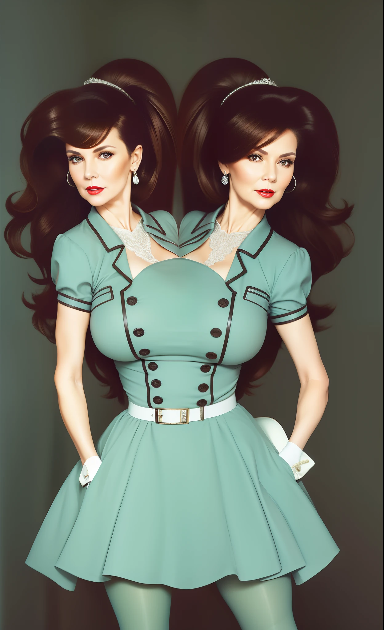 2 heads,Portrait of a 60-year-old woman with short brown hair, a captivating gaze, Brown eyes, Wrinkles on her face, Black pantyhose,White underwear,high heels boots,Revealing her large sagging breasts, Light makeup and red lips. 32K