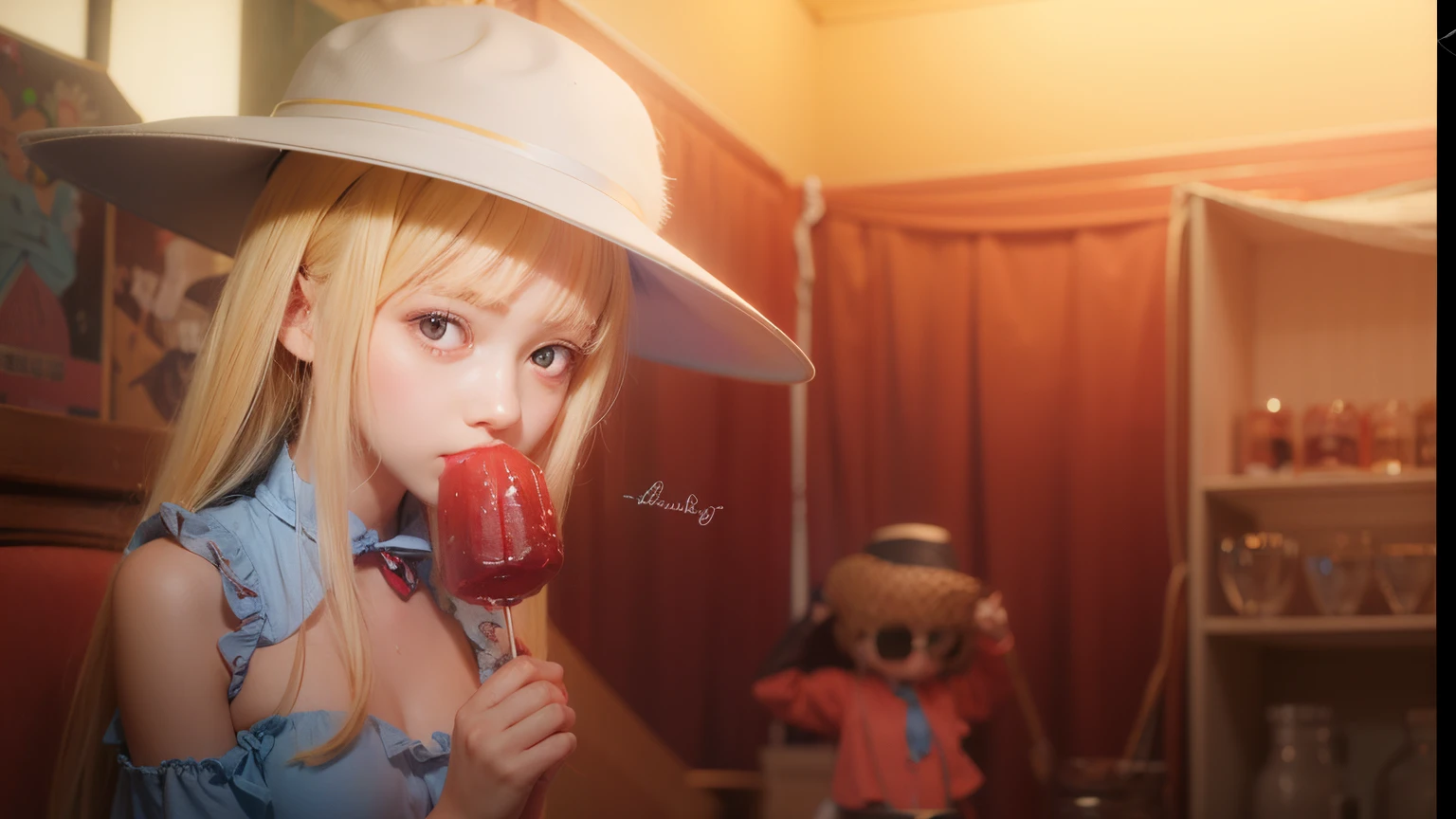 Girl, blonde long hair, cyan one-piece dress with yellow ribbon, white hat, red candy