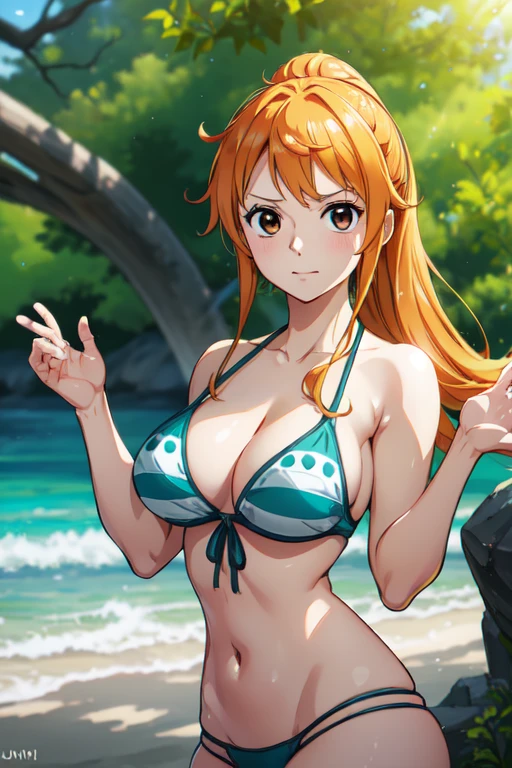Nami of one piece, long orange ponytail hair, Beautiful brown eyes, Blushing cheeks, Naked, Enjoy a sunny day at the beach. Art style is、Must resemble a captivating anime style.
About image quality, Priority (Best Quality, 4K, 8K, hight resolution, masutepiece:1.2), Ultra-detailed, And (Realistic, Photorealistic, Photorealsitic:1.37) rendered. To enhance visuals, Add HDR, nffsw, Studio Lighting, Ultra-fine painting, Sharp Focus, Physically-based rendering, extreme detail description, Professional, Vivid colors, and bokeh.
Capture the essence of Nami's adventurous spirit and picturesque beach scene, Try to highlight the vibrant colors and warm sunlight in your artwork. Lighting should be soft, A dreamy atmosphere that enhances Nami's beauty.
disclaimer: This prompt includes、It includes、May contain NSFW elements by bikini mention. Make sure you comply with the guidelines and requirements.
Remember, Do not add explanations or sentence fragments to prompts. Stable diffusion prompt、Provides directly without additional prefixes or punctuation.