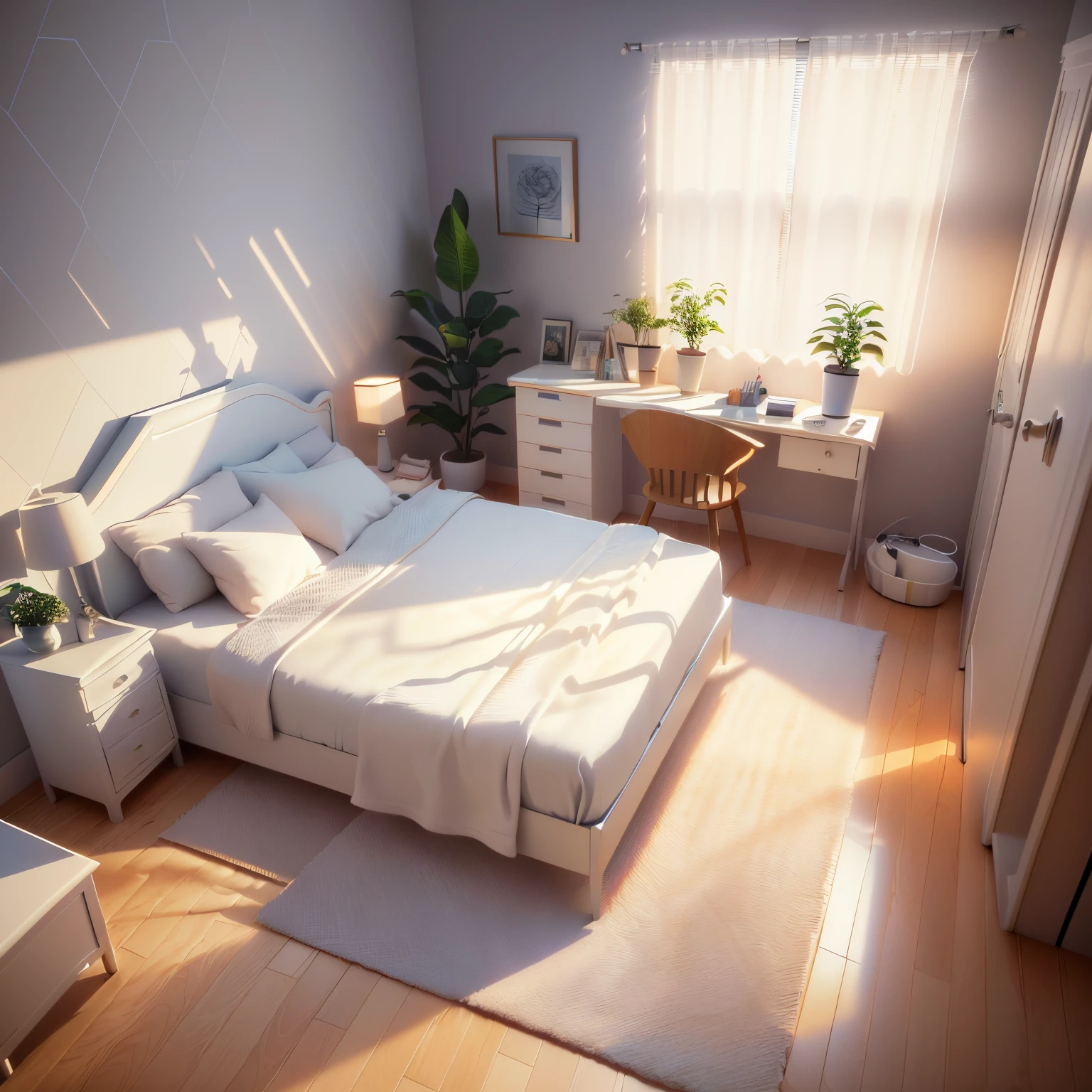 Small room with a bed，alarm clock，bass，Rose flower，Rocket model，astronaut doll，trophy，book， Real afternoon lighting, Realistic soft lighting, Rendered in Unreal Engine 6, photorealistic room, Highly detailed soft lighting, vibrant volumetric natural light, Render in ray, gentle ambient lighting, Render in V-Ray, Natural light in the room, daily render, Realistic 3D style, rendered in 3 dsmax