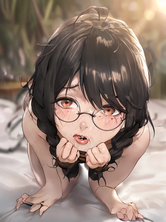 hanekawa tsubasa、eye glass、Braids、A dark-haired、large boob、fullnude、 (Black hair, Brown eyes, Round face),  With ribbon, (nose blush, Naughty, half opened eye, Drooling),On the bed in the infirmary,   [Full body shot]、Hardcore BDSM Kak Dega Again、Plenty of love juice、pale pubic hair、Wearing a black dog collar,Full body shot,body piercings,Large open legs、eye glass、Head-to-toe shots、Hand flail、fetters、Squirting、spout、There are a lot of them all over the body、Soak up the bright sunshine under the tropical sun、The udder is squeezed out with a rope、Woman in chains、slightly turned to the side、The lower back is cramping up and down、Chest is bobbing up and down、screaming in pain、 超A high resolution, (Photorealistic: 1.4)、Crying with joy、Crying in pain、Shot from a 45-degree angle to the right、Huge 、Stand on all fours with your butt facing the viewer、sticking out the tongue、Peeling the whites of the eyes、Crying in pain、eye glasses、