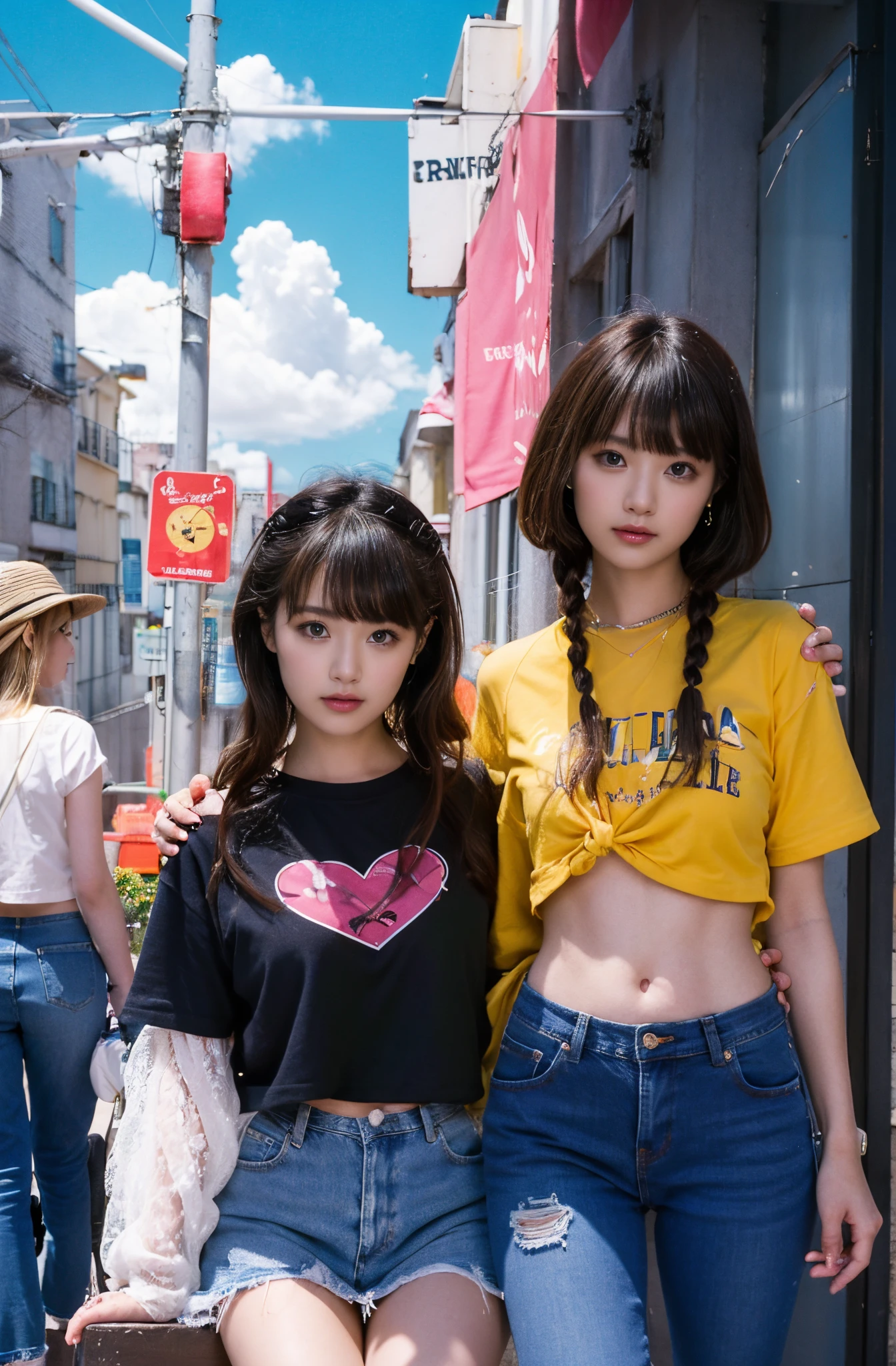 The proportions are the same for all races, All faces and pictures must be different,(ulzzang-6500-v1.3,pureeroface_v1,octane rendering),elegant pose,xxmix girl women, High level of image quality、Like a shot with an SLR、Super detailed illustration of two women, Duo,sisterhood ,sitted,Petting the,closeup portrait,hugs,strabismus:1.4,Depicting the eternal beauty and spirit of two women in 1990. they have a braided hairstyle as used to be in the 80's with lots of thin braids. They wore low-rise jeans and crop tops, 90s clothes. environment in the 1990s, Ms. Schiffer&#39;s work. _电影灯光_v2