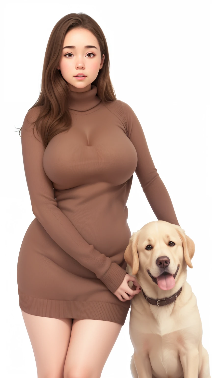 (best quality), big head, (1girl with gigantic breasts:1.3) Knitt , Sweater , Fat Girl, Brown Hair , Winter , White Pale Skintone , Sexy , Fat Belly , Gigantic Breast , With Dog, Golden Retriever, Hugg dog , Details Hand , Details Finger , UHD , 8K