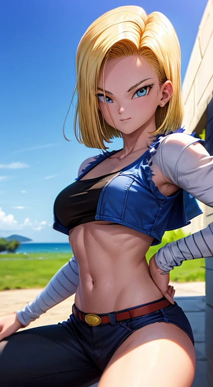 Android 18, ( foto de closeup na parte superior do corpo ), (bikini azul molhado), seios grande, muito sedutor, pose sedutora, sorridente, fofo, muito fofo, Ultra High Definition, master part, Ultra alta qualidade, detalhamento ultra, 8k,