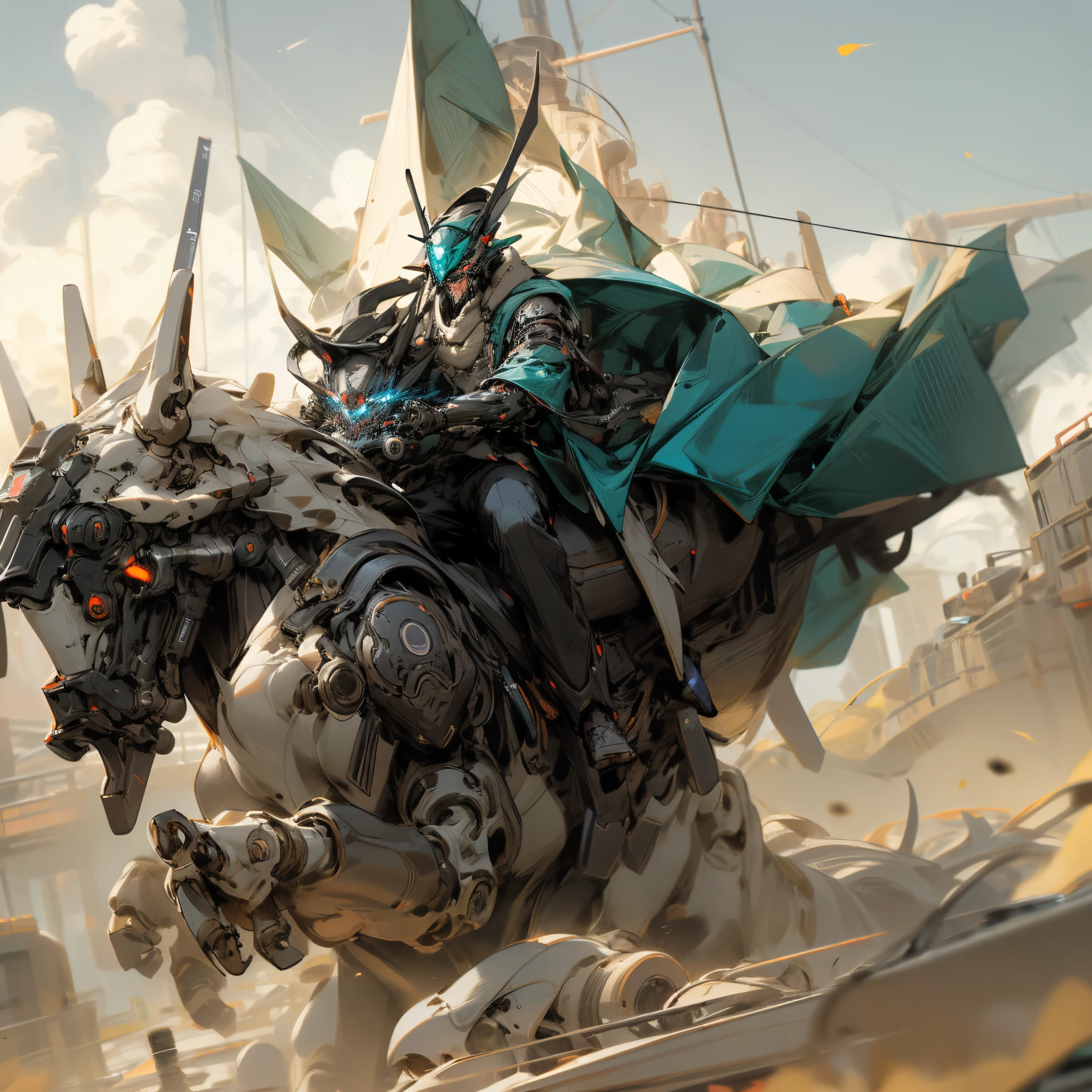 Dark_like a dream,cyber punk personage,1人,Mechanical Wonder,Robotic presence,Chinese men,shelmet,Riding a horse