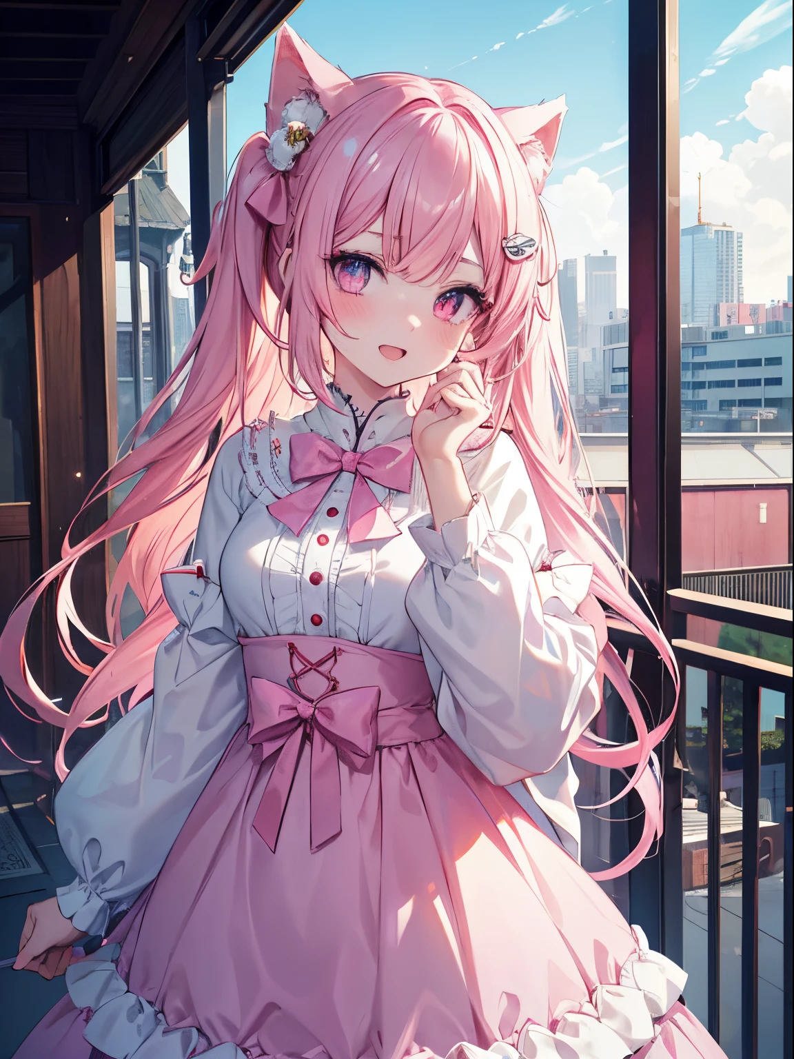 masutepiece, Highest Quality, (Perfect face:1.1), (high detailing:1.1), (ultradetailed eyes), Dramatic,  superfine illustration, Extremely detailed,1girl in, (pale skin),Smile, Open mouth,gloweyes,pinkhair, (Twin-tailed),Ethereal eyes, pink eye,(light eyebrow),blush, Solo,, Pouty lips,Cinematic lighting,Cowboy Shot,Lolita clothes,frilld, bow ribbon, Pink, Long sleeve, balconies、The weather is sunny、Bright sunshine