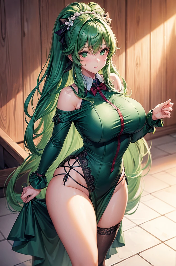 1girl, animification, dark green hair, long hair, green eyes, standing, Anime beautiful girl wearing a red school uniform, a miniskirt, Absolute Area, A slight smil, Perfect Anatomy, Perfect face:1.1), ((Huge breasts!!!!!!)),(huge-breasted!!!!), (Full body shot), Looking at Viewer, Ultra-high definition, (1girl in:1.4), Extremely detailed illustration, Smooth, Very pixel perfect, Seductive,venusbody, see-through lingerie,