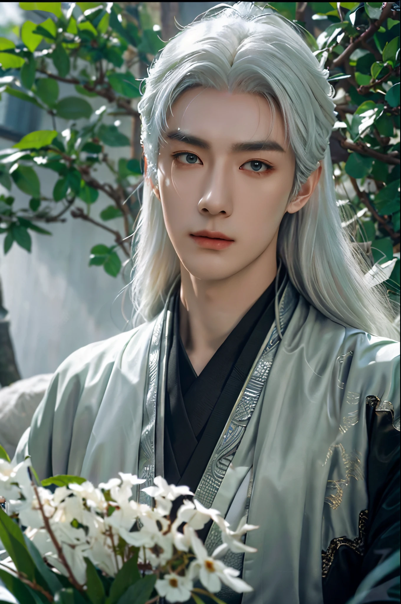 (ultra detailed, a high resolution) one handsome boy, slender and beautiful, chinese, long white hair, fine green eyes and detailed face, smart dismissive look, light rich hanfu, green details, silk, ancient china, (background dark green forest full of trees), portrait, center the composition, moody atmosphere, misty foggy, beautiful cinematic light, dramatic contrast, silver hair, white hair, high detail, film grain, from below, from below, black and red details covering background, satellite image, anatomically correct, high details, UHD, masterpiece, award winning (ultra detailed face) dark