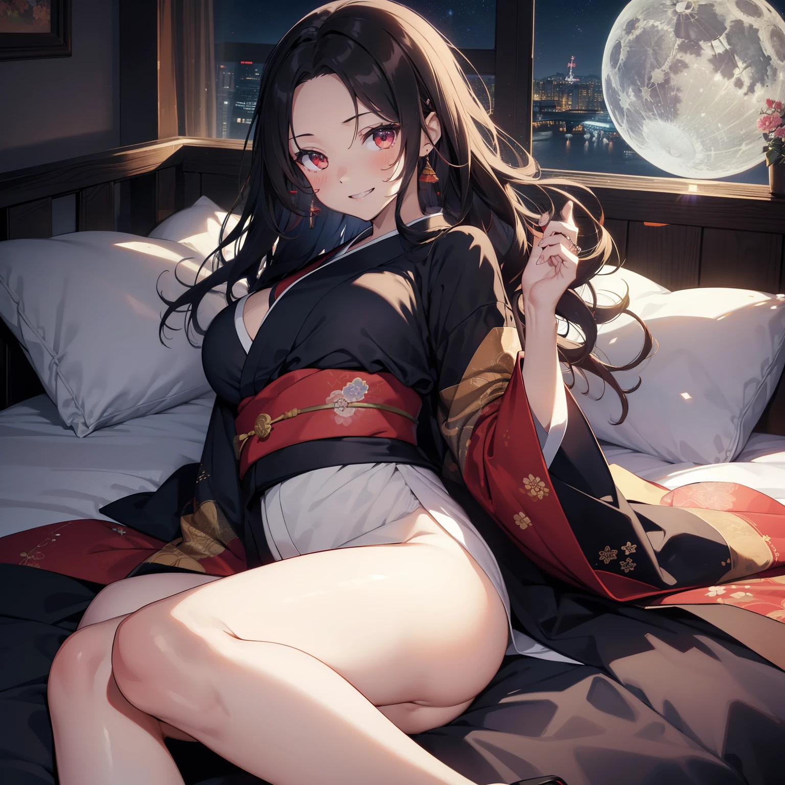 (masutepiece,Best Quality,8K),(extremely detailed CG1.1),s girl,Smile,large boob,(From below:1.2),Intricate details , Hyper realistic, Perfect Anatomy,A dark-haired,Red Eyes,(((Forehead))),Permed hair with wavy hair,(((length hair))),Hair over one eye,hair slicked back,Full body,(((Kimono))),blush,Happy smile,(((Bedroom with night view))),Colored leaves,Lens Flare,Wind,Magnificent view,(chromatic abberation:1.3),Dynamic Angle,Cowboy Shot,Looking at Viewer,Lie down,Moon Night