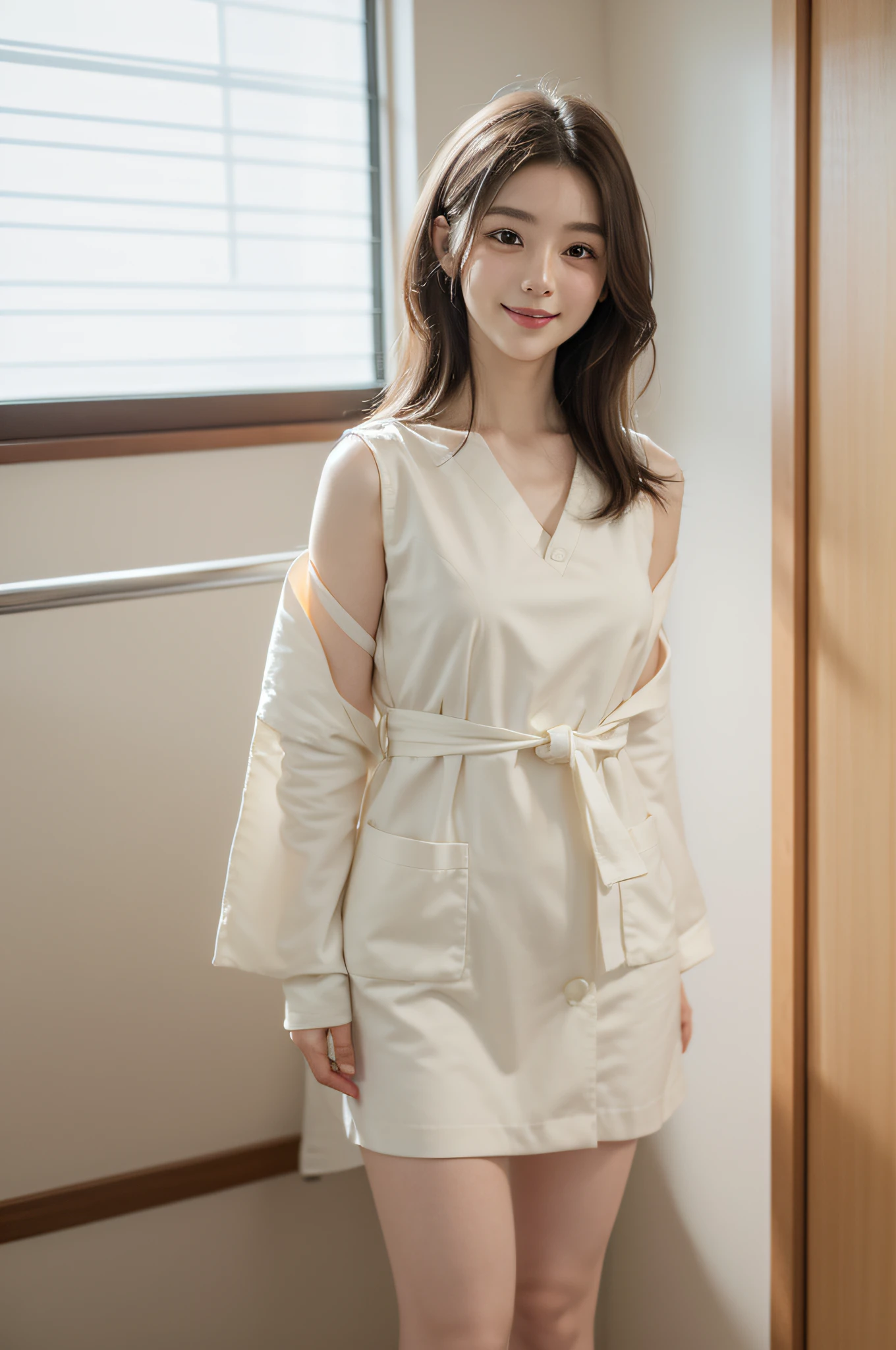 masutepiece、hight resolution、Nurse、30-year-old girl、Looking at the camera、smil、Finish as shown in the photo、the skin is white and beautiful、inner colored、Hair should be tied back、The background is a hospital room、Beautiful standing figure、