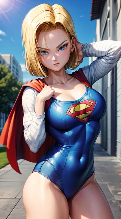 Android 18 como a supergirl( foto de closeup na parte superior do corpo ), ((blue swimsuit)) seios grande, muito sedutor, pose sedutora, sorridente, fofo, muito fofo, Ultra High Definition, master part, Ultra alta qualidade, detalhamento ultra, 8k, usando traje da super girl , mini saia azul, com s do Superman