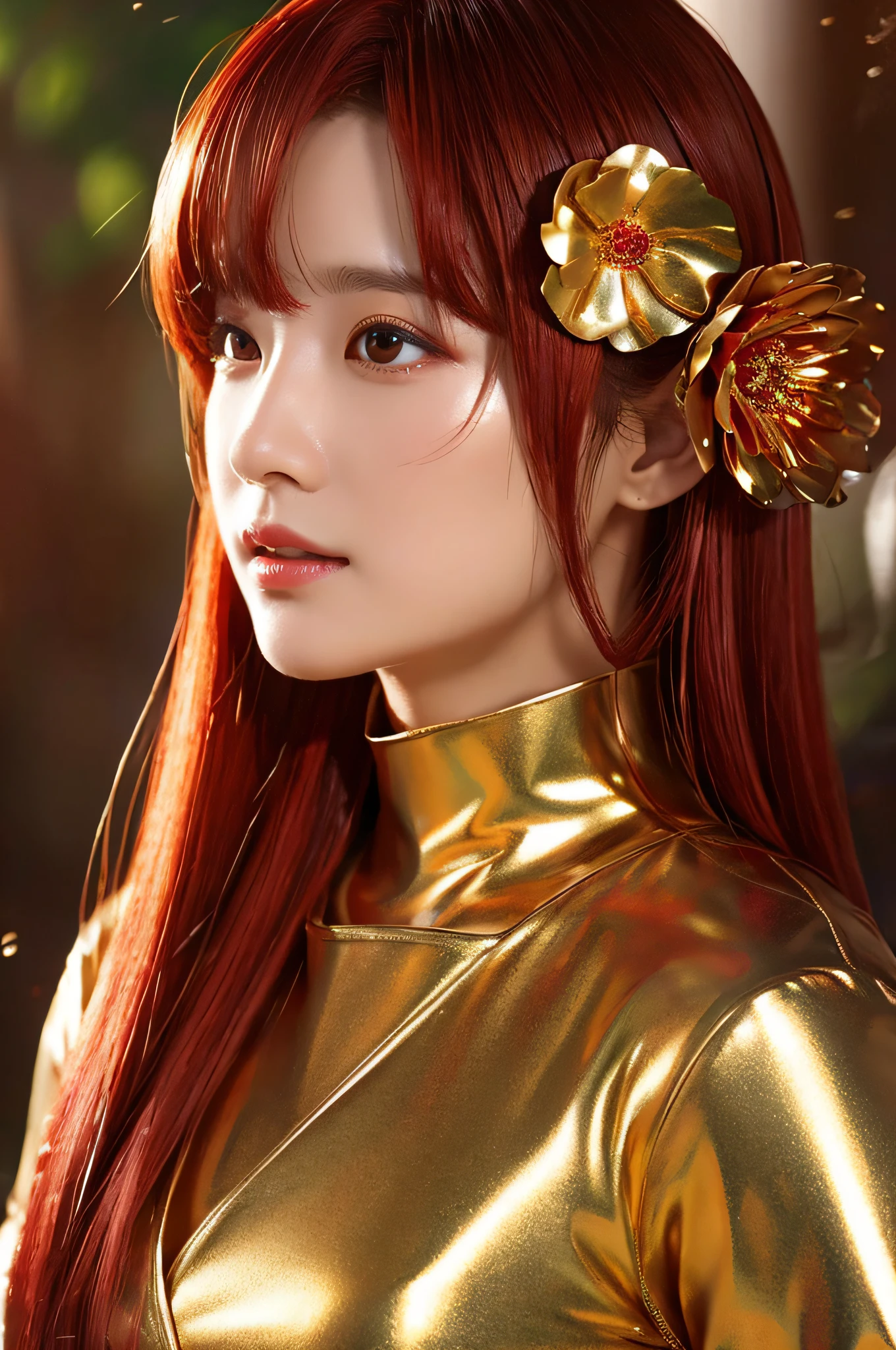 masutepiece、best composition、Photorealsitic、A hyper-realistic、Metal Flowers、Born from the beautiful bud of God、Beautiful goddess with super middle-length red hair and wet hair。, Huge, metallic flower