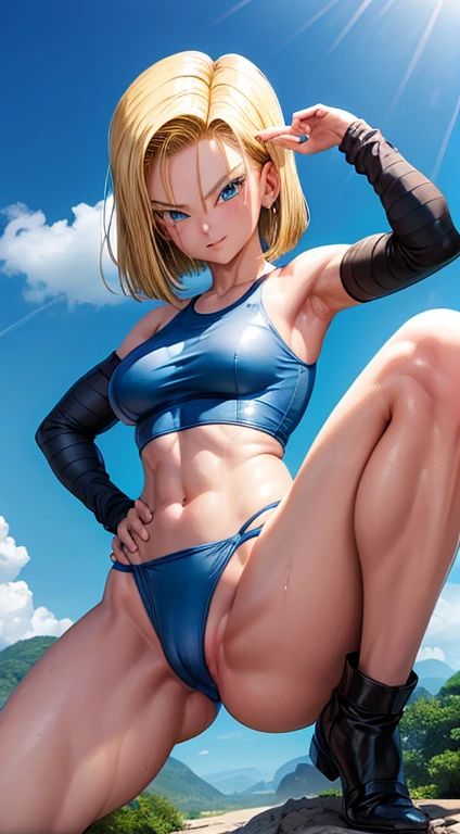 Android 18, ( foto corpo inteiro ), (wet blue swimsuit), (decote) seios grande, muito sedutor, pose sedutora, sorridente, fofo, muito fofo, Ultra High Definition, master part, Ultra alta qualidade, detalhamento ultra, 8k,