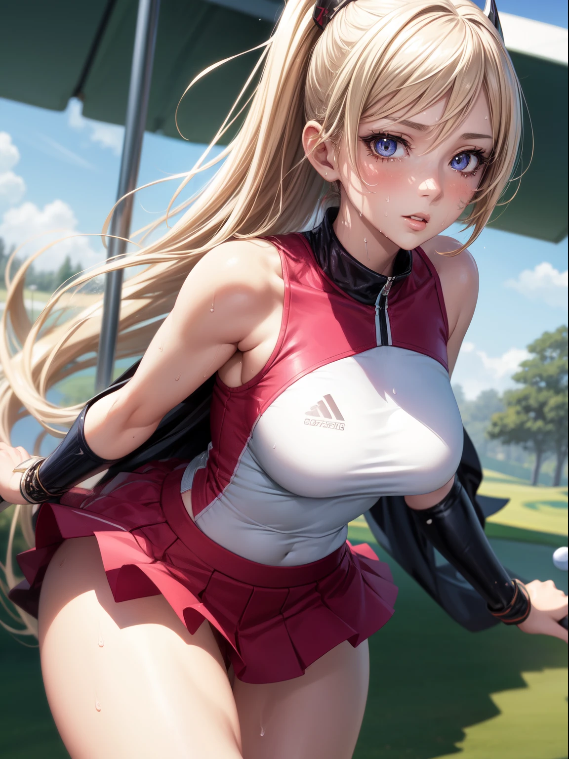 Best Quality, masutepiece,  High resolution, (Anime Heroine Illustration), Anime Paint, 1beautiful girl ,Dynamic Angle,Female Golfer ,Fluttering skirt,small head,Large breasts,nice legs, Glowing skin, Sweat,At the golf venue ,(Detailed beautiful face:1.4),detailed skins,Detailed eyes,detailed hairs,Detailed beautiful legs,Sporty,