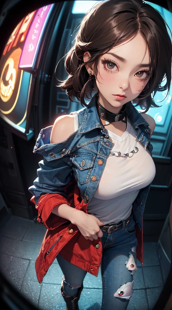 (((8k wallpaper of extremely detailed CG unit:1.2, ​masterpiece, hight resolution:1.2, top-quality:1.2, masutepiece))), ((a very beautiful woman, Hands in pockets:1.8, Street fashion:1.2, wearing a colorful jacket:1.2, wearing denim jeans, Wearing boots)), ((extra detailed face, Highly detailed black eyes, extra detailed body, Top quality real texture skins)), (Red Straight Hair:1.2, de pele branca, exposed shoulder), ((Empty alley, Mileland. natta, Neon Street)), (high-angle, a closeup, Fisheye:1.5), hyper realisitic, digitial painting,